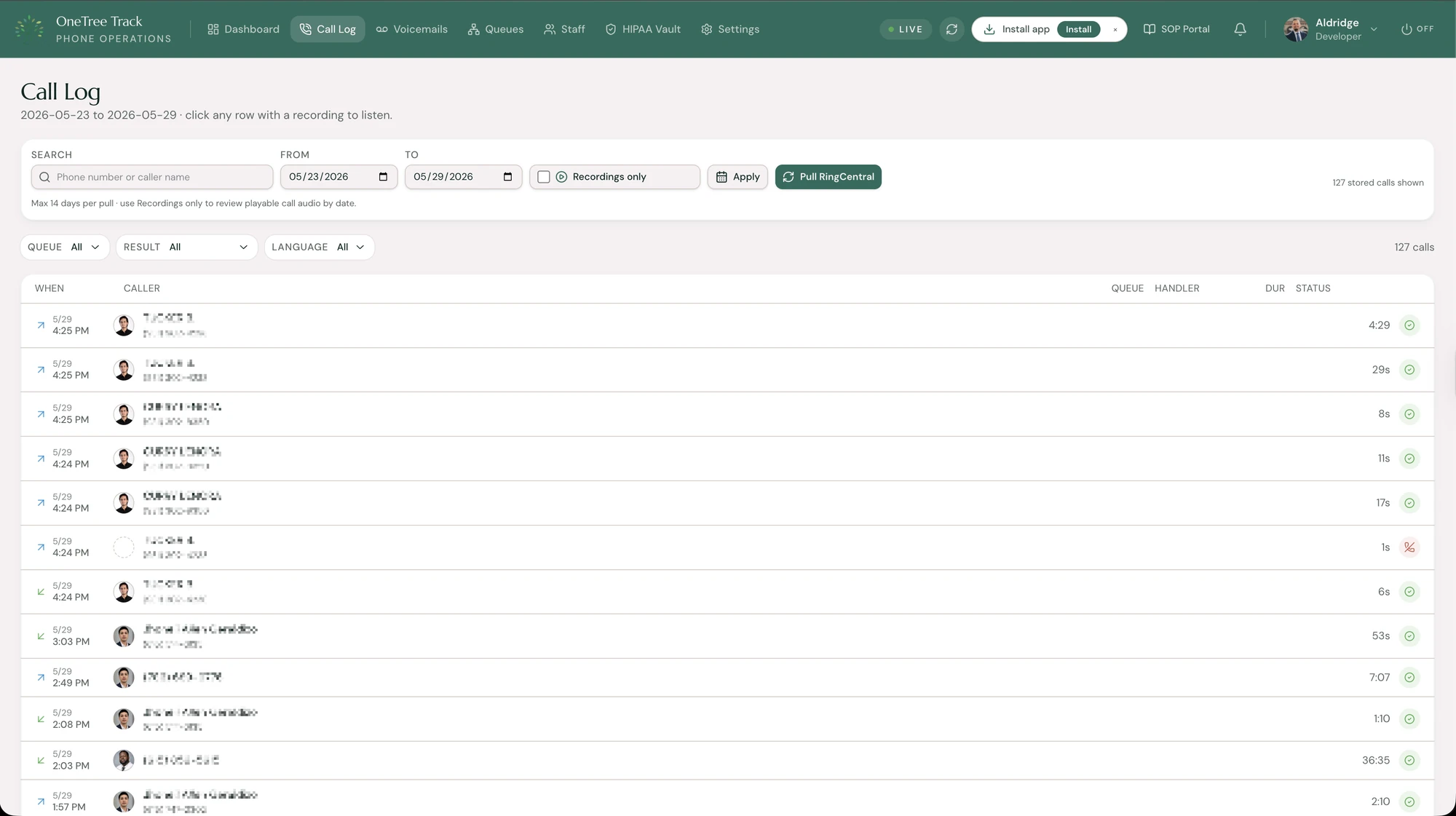 Searchable call log