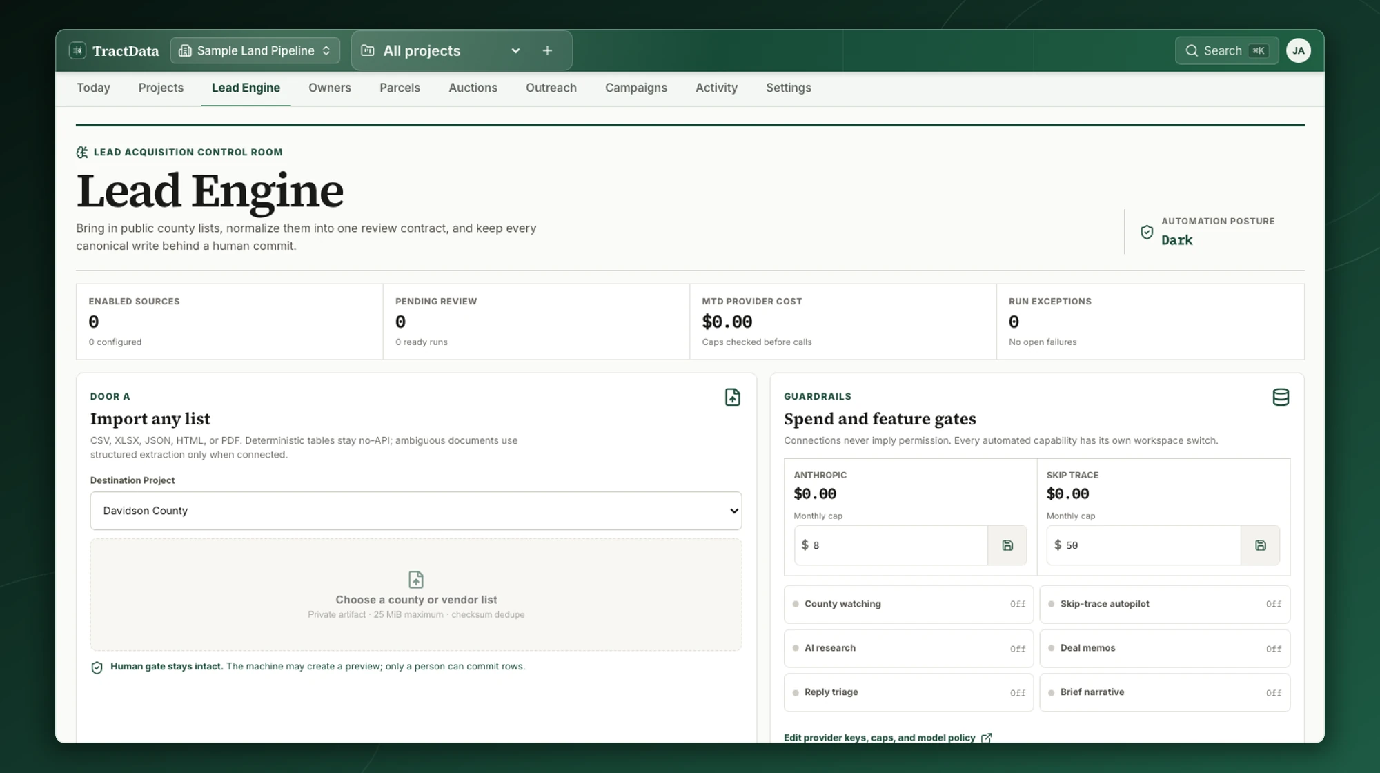 The Lead Engine: flexible file intake, human review before write, spend caps, and feature gates controlled per workspace