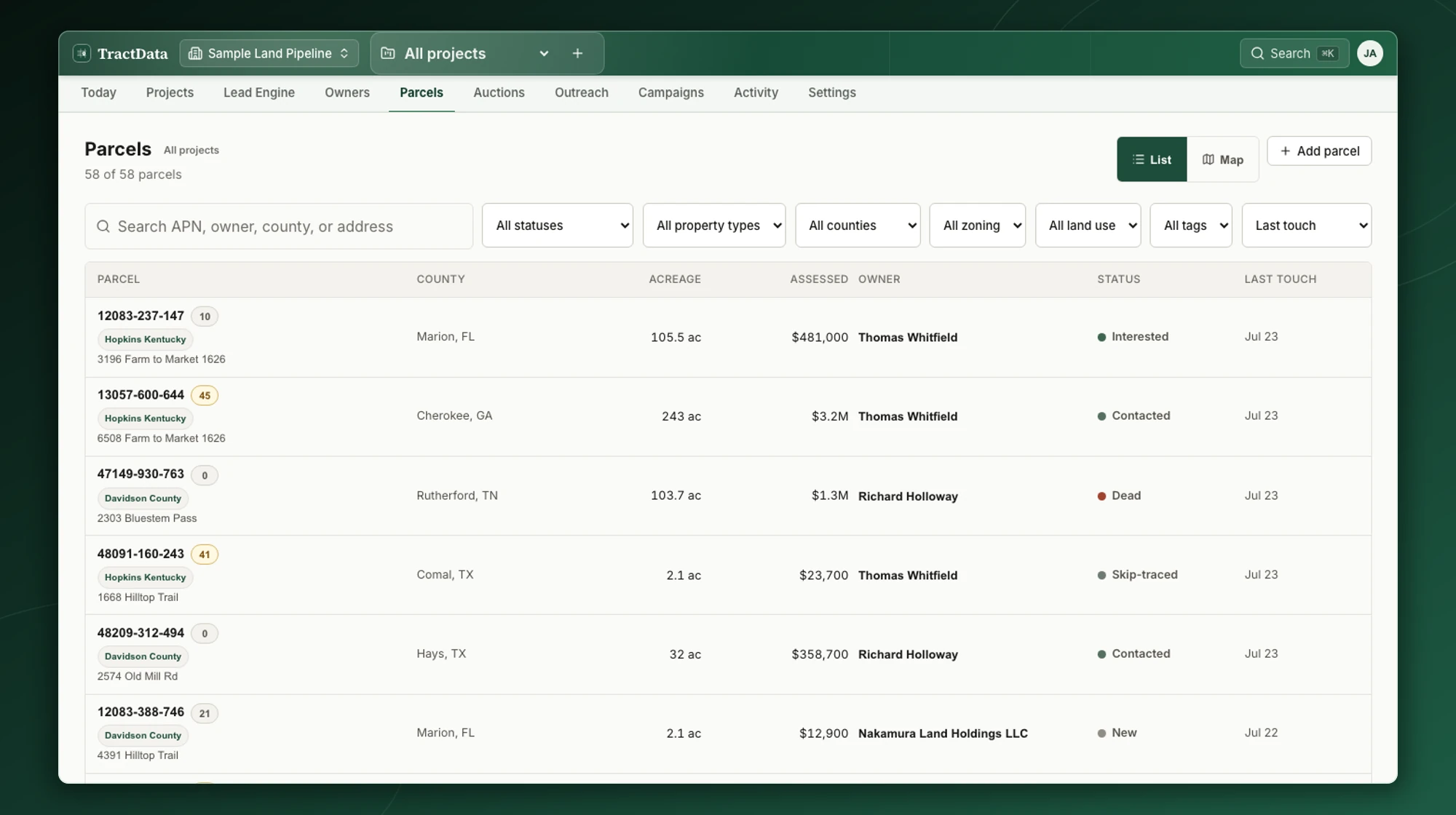 The parcel pipeline: ranked scores, owner context, acreage, assessed value, status, and last touch in one sortable worklist