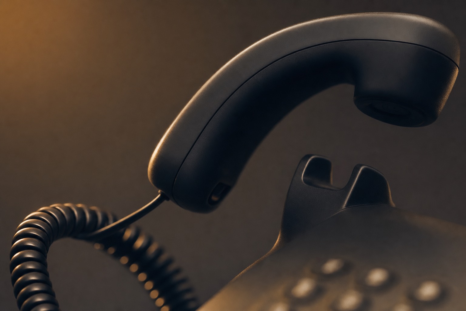 A sleek matte-black telephone handset lifted just off its cradle, glowing warm against a dark background, the coiled cord curving into shadow.