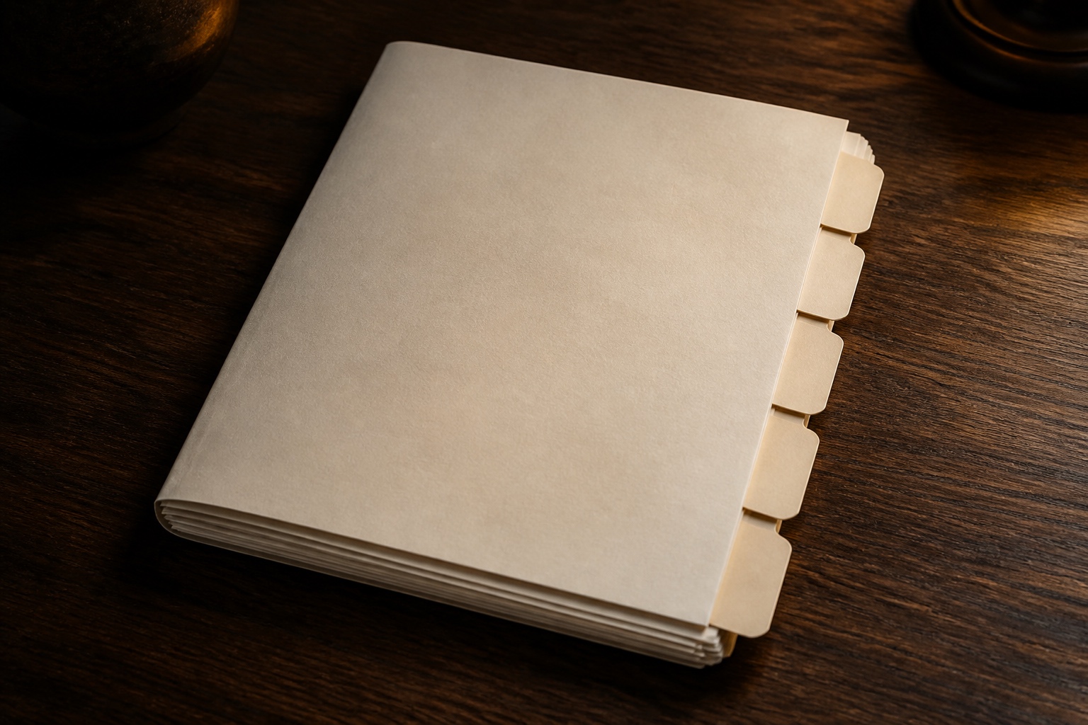 One commercial-property dossier with five plain indexed tabs on a dark walnut desk.