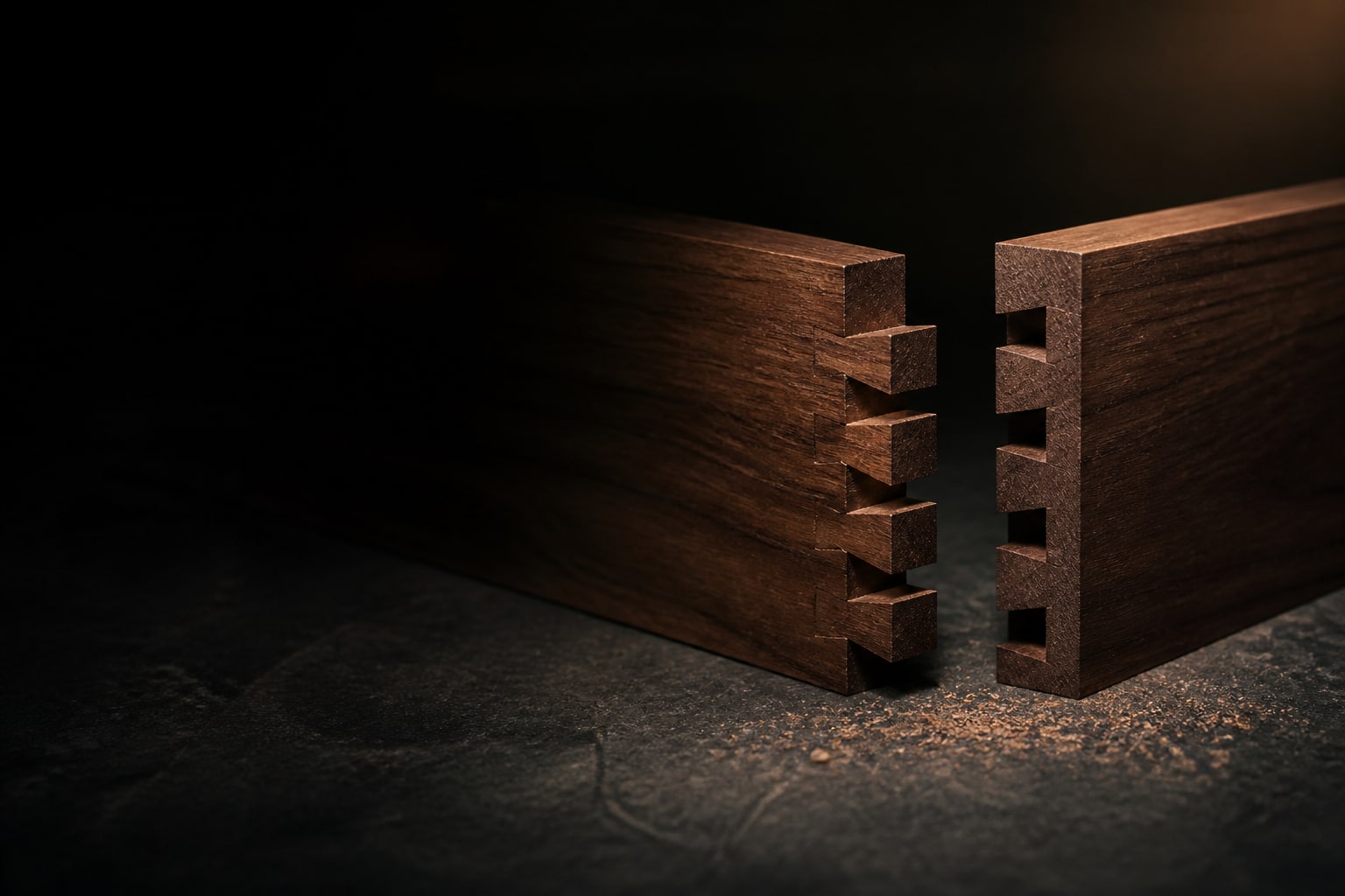 Two dark hardwood pieces aligned across a narrow gap before a precise finger joint is fitted