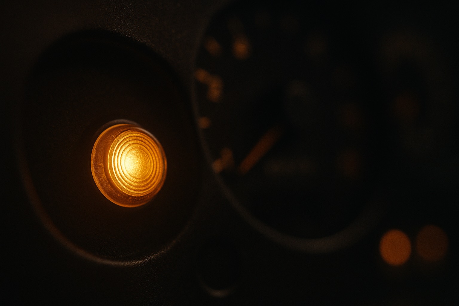A glowing warning light on a dark dashboard, a dim gauge blurred beside it.