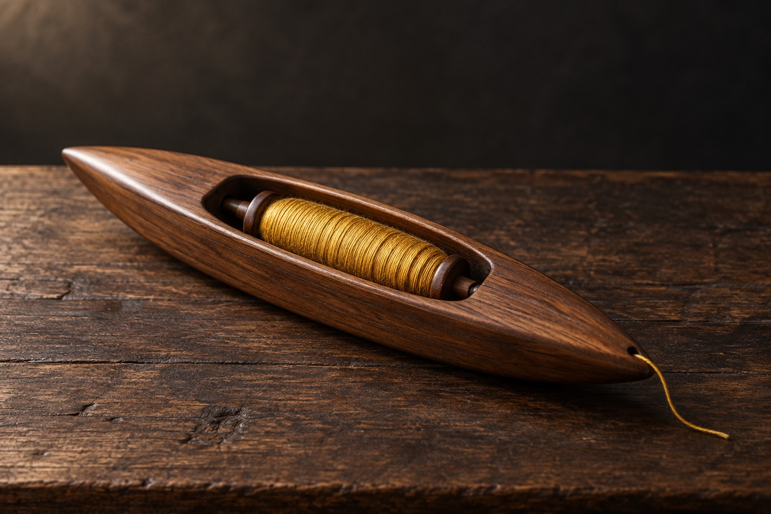 A polished wooden weaving shuttle holding golden thread on a dark wooden surface