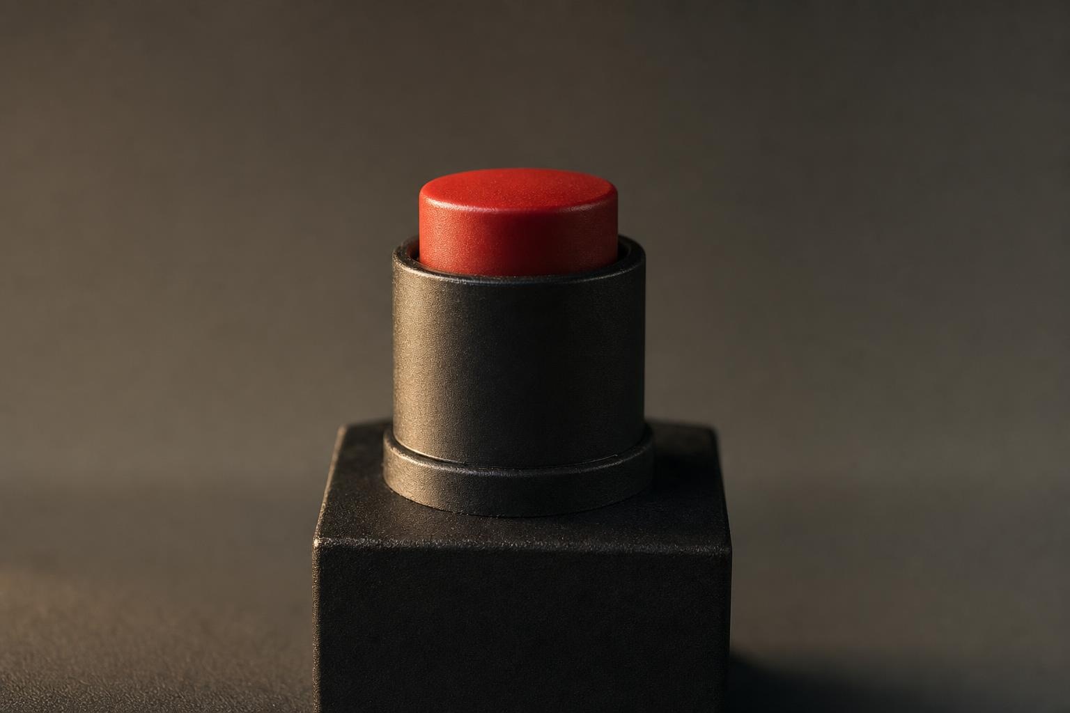 A single unlabeled red push button under warm light against a dark background