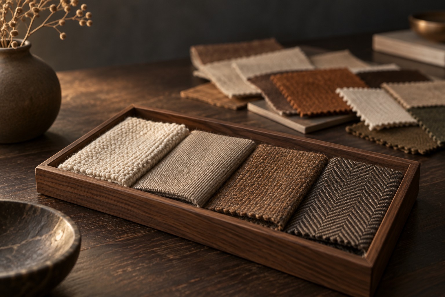 Four neutral fabric swatches arranged in a wooden tray, with more samples behind it