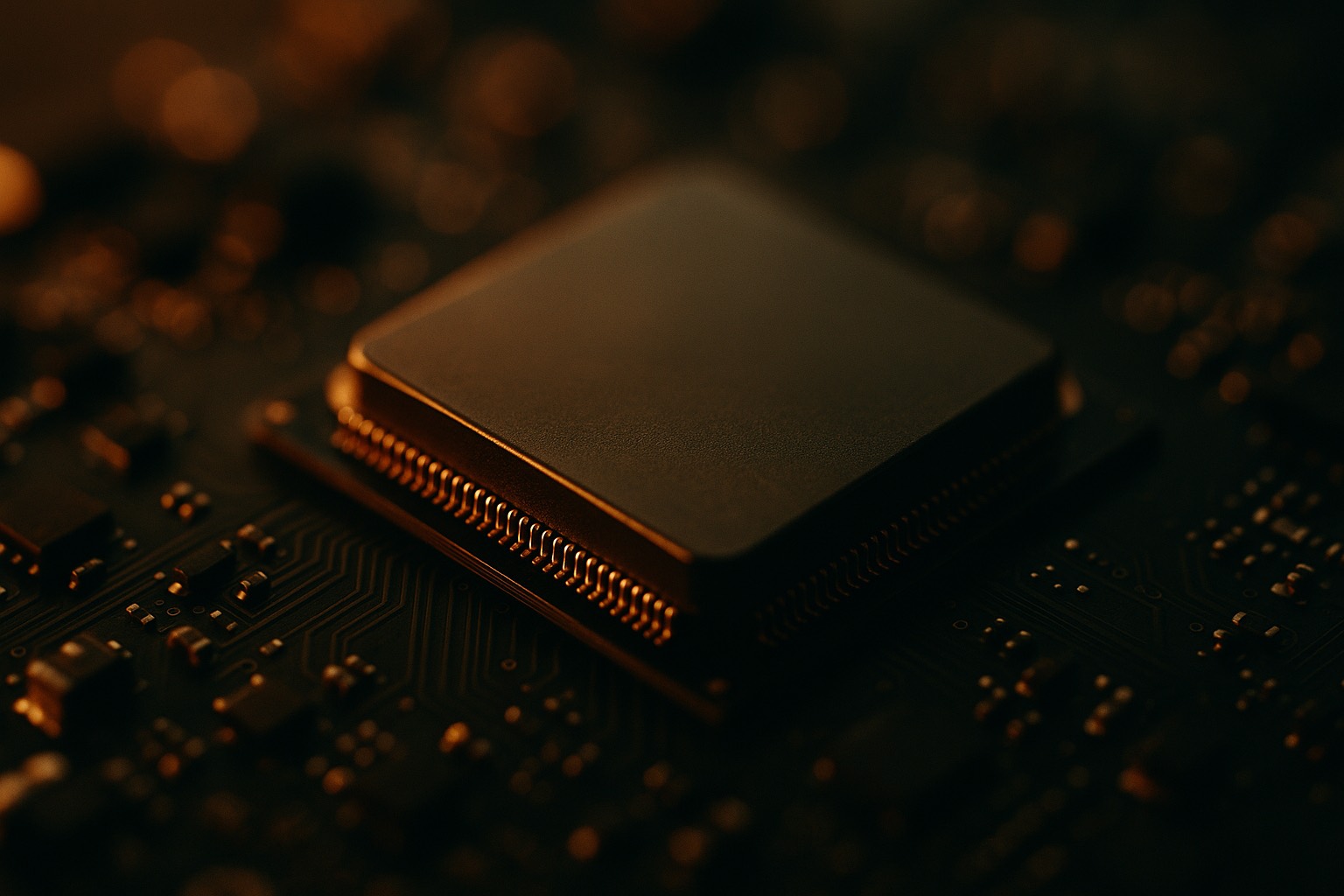 A processor chip glowing warm on a dark circuit board.