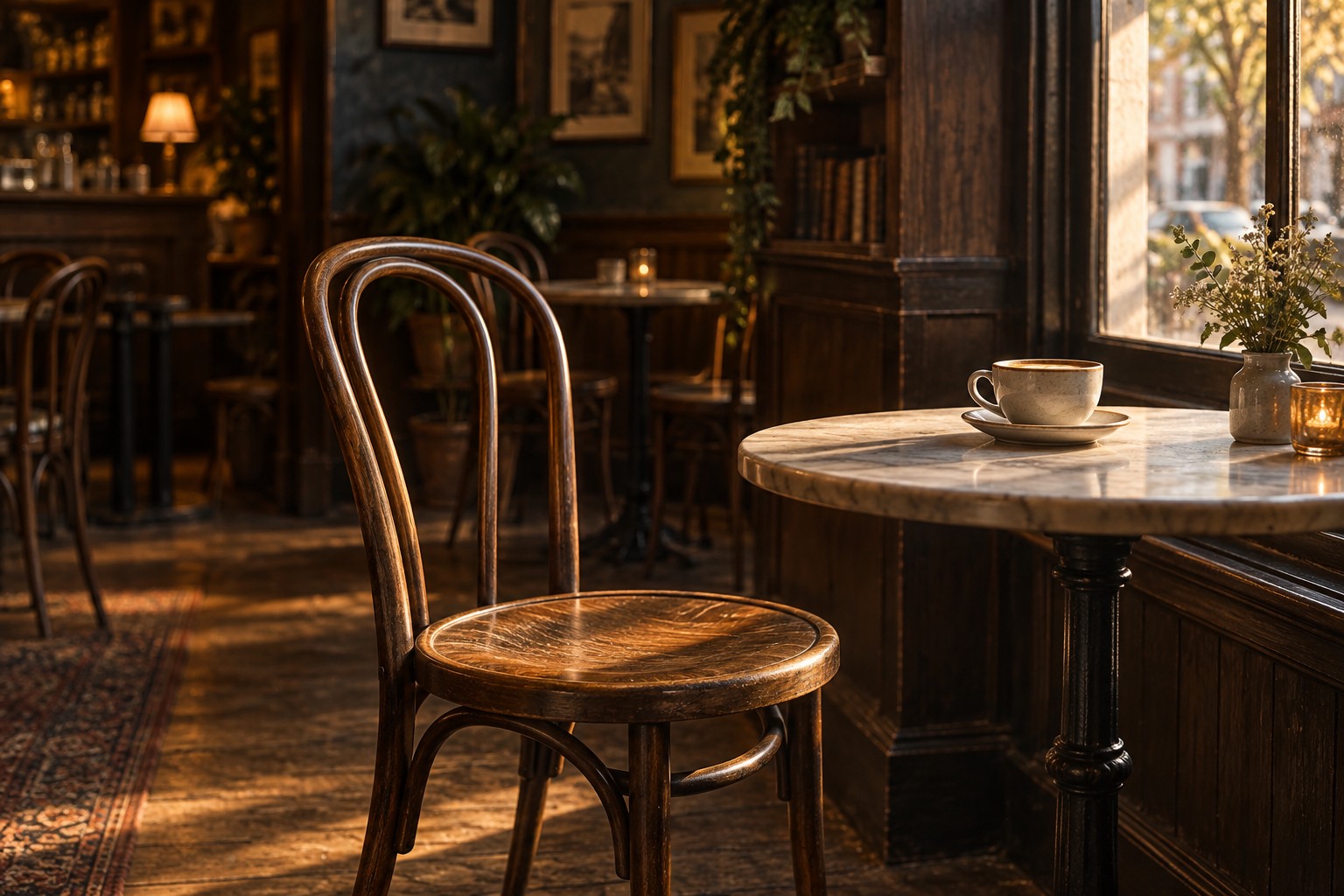 An empty bentwood chair beside a café table with a coffee cup in warm window light