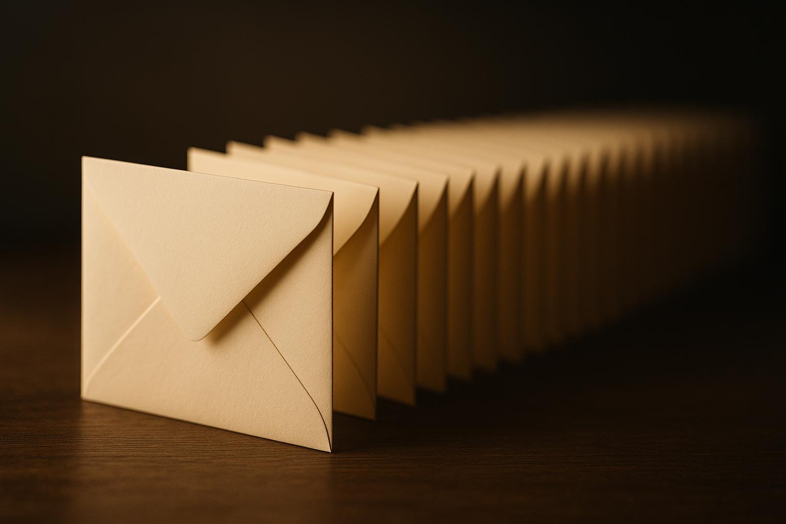 A long row of identical cream envelopes standing on edge and receding into bokeh, the nearest envelope in sharp focus and the rest dissolving into the warm dark.