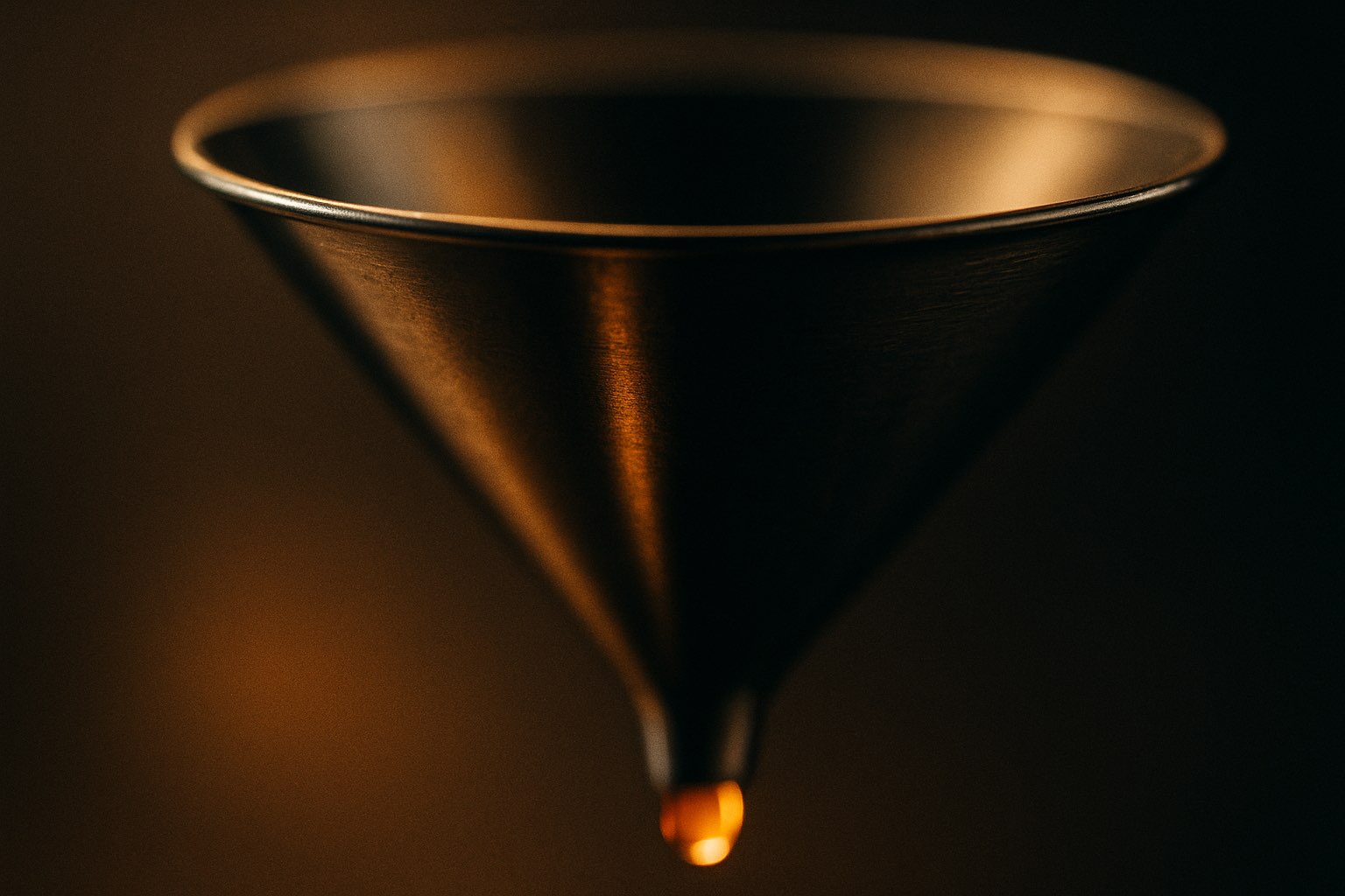 A metal funnel narrowing to a single glowing drop, the background blurred.