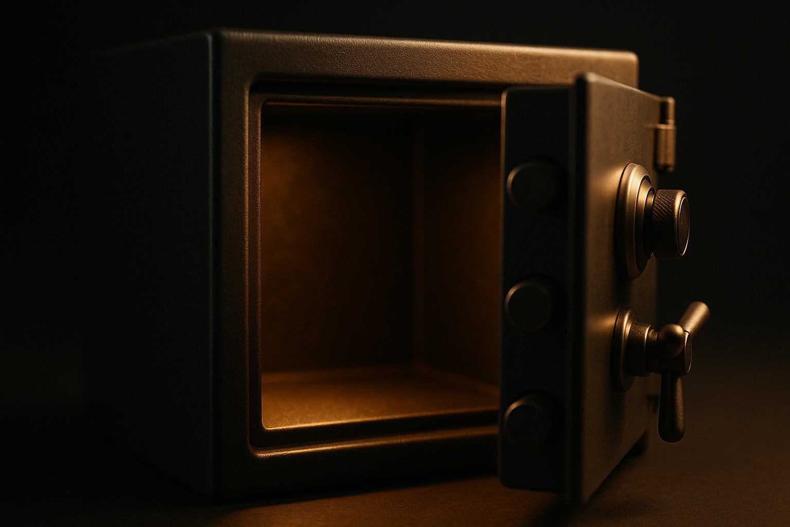 An open empty safe lit by warm light against a dark background.
