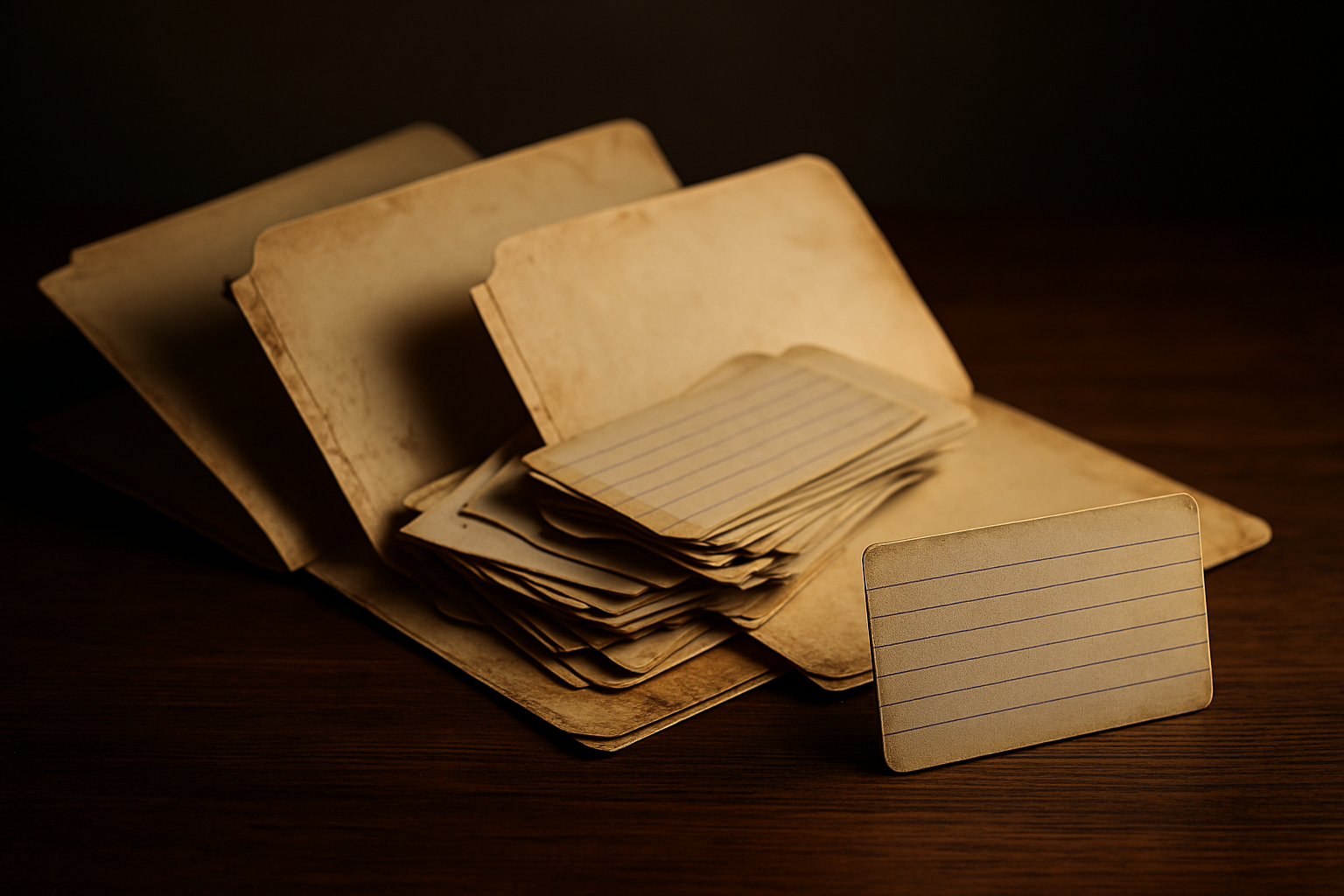 Three battered manila file folders fanned open with overlapping index cards, one card pulled clear, the physical shape of deduplicate spreadsheets work.