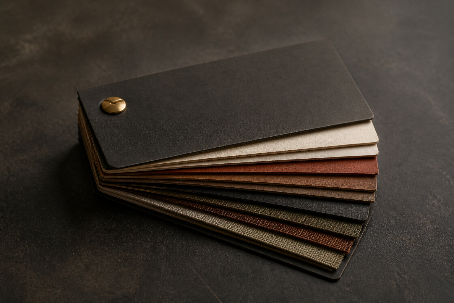 A bound physical swatch book with layered paper and fabric samples under warm light on a dark worktable