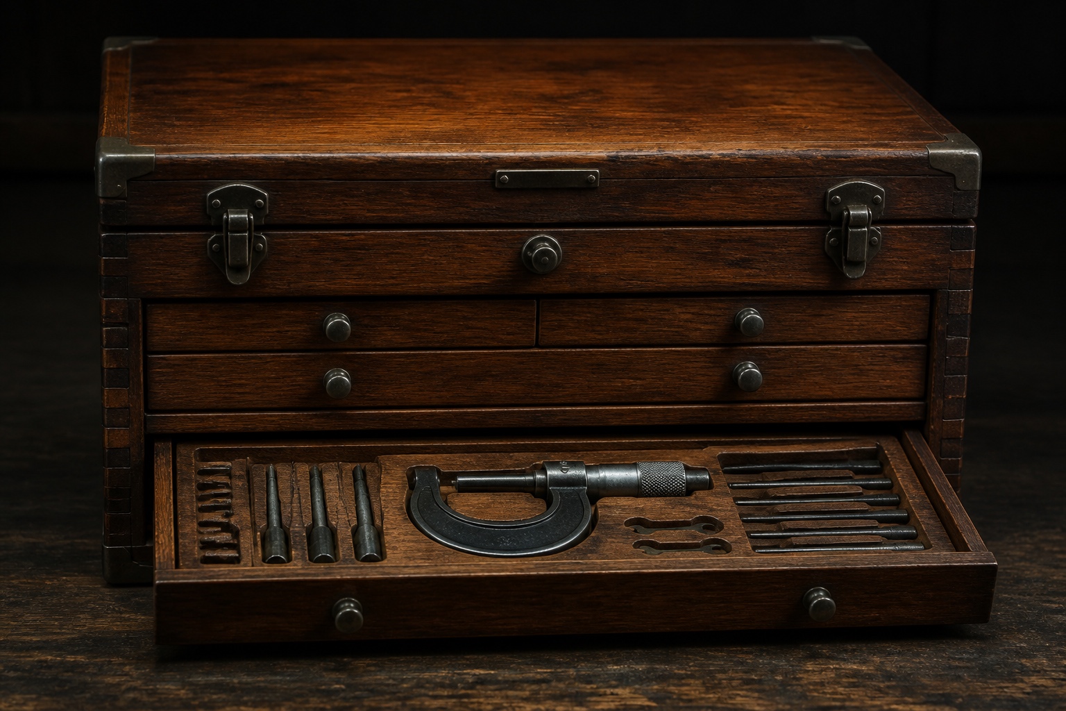 Developer workspace optimization represented by a wooden machinist's tool chest with fitted drawers and one tool returned to its marked position.