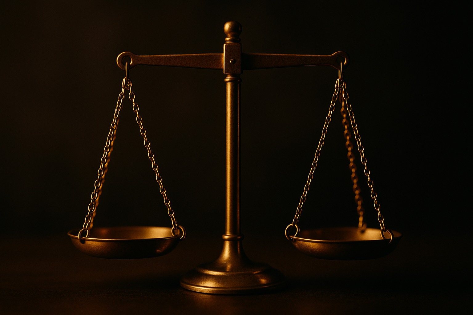 A brass balance scale resting level against a dark background.