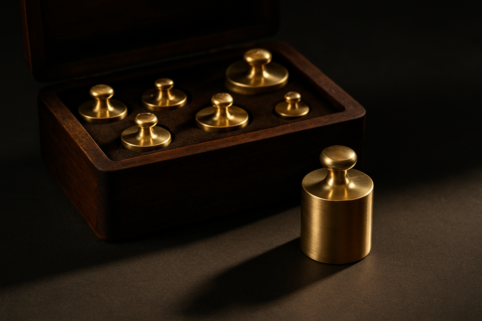 A set of brass calibration weights in a fitted case, one lifted out and standing in the light, the reference an employee monitoring number has to be checked against.