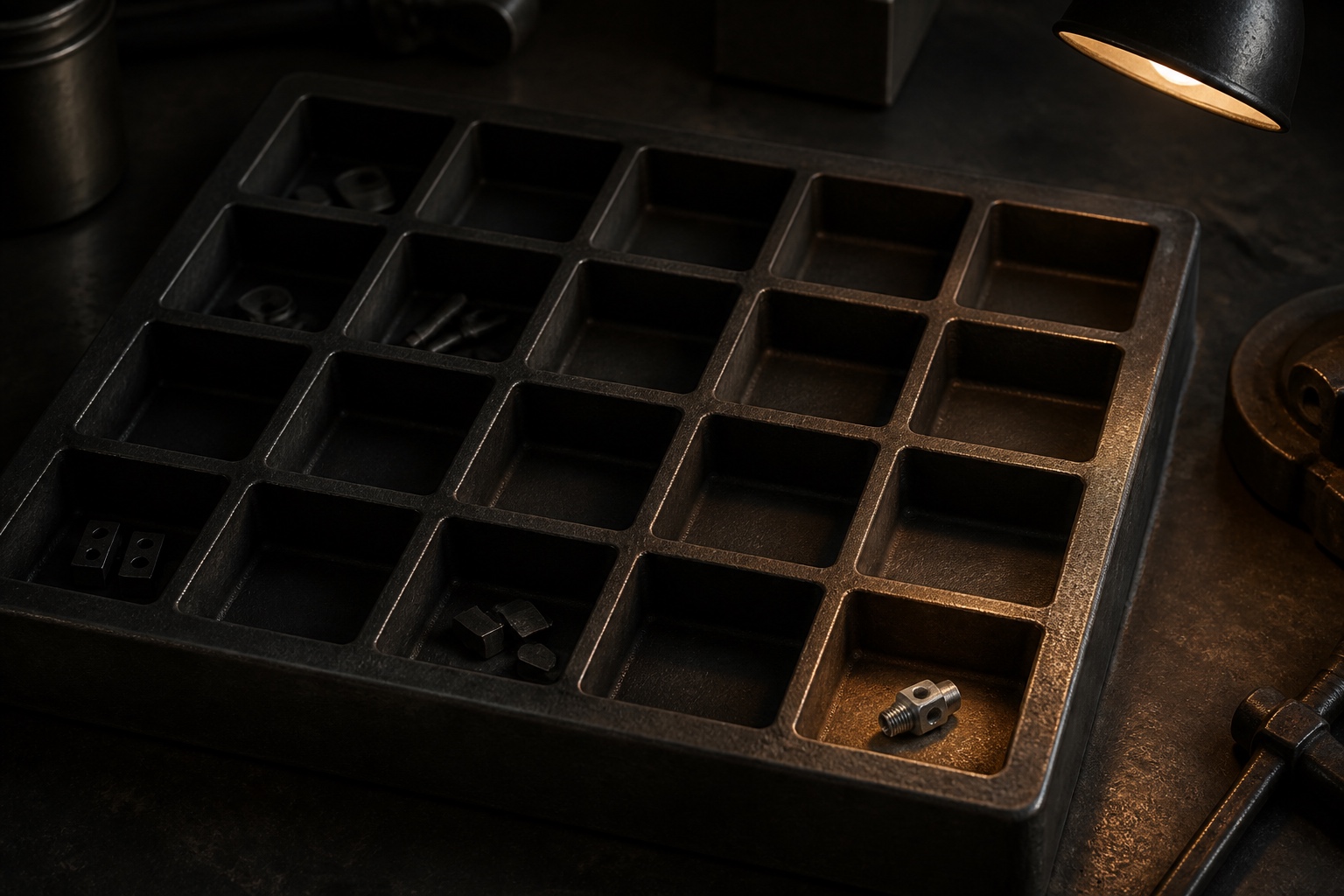 Exception queue design represented by a cast-iron inspection tray with one isolated compartment waiting for review.