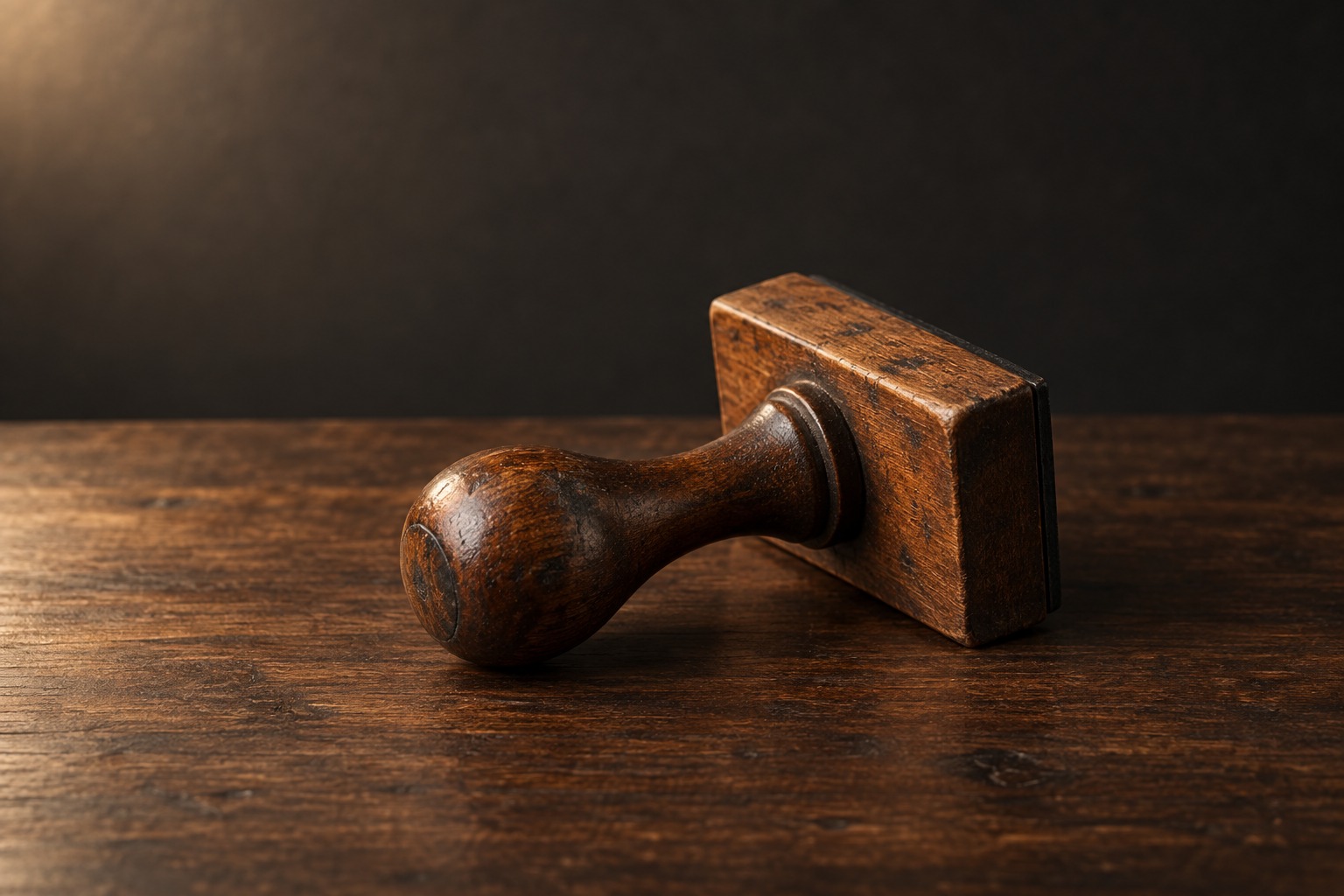 A worn wooden-handled rubber stamp resting on a dark surface with its stamping face hidden