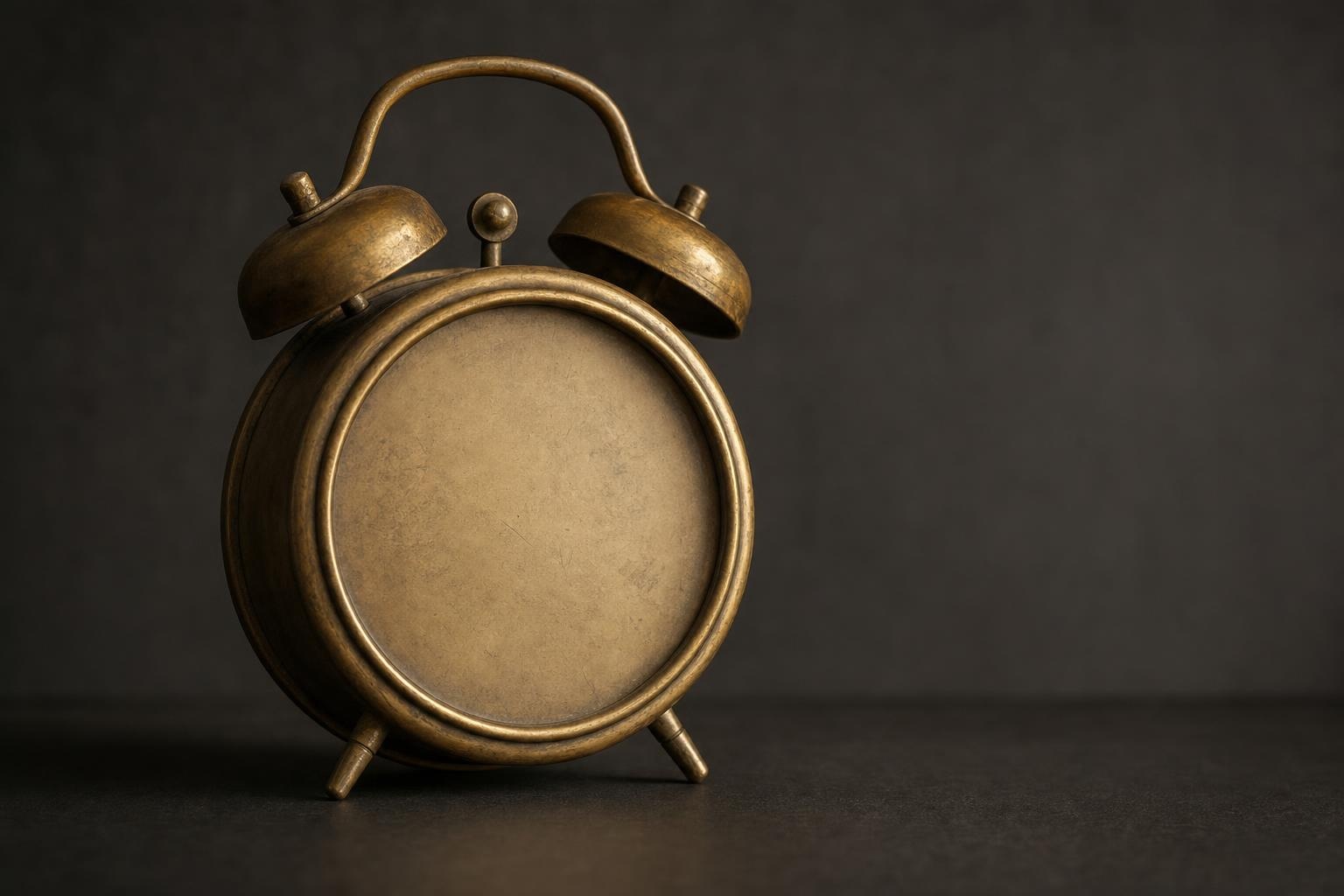 A single blank-faced brass alarm clock standing under warm light against a dark background