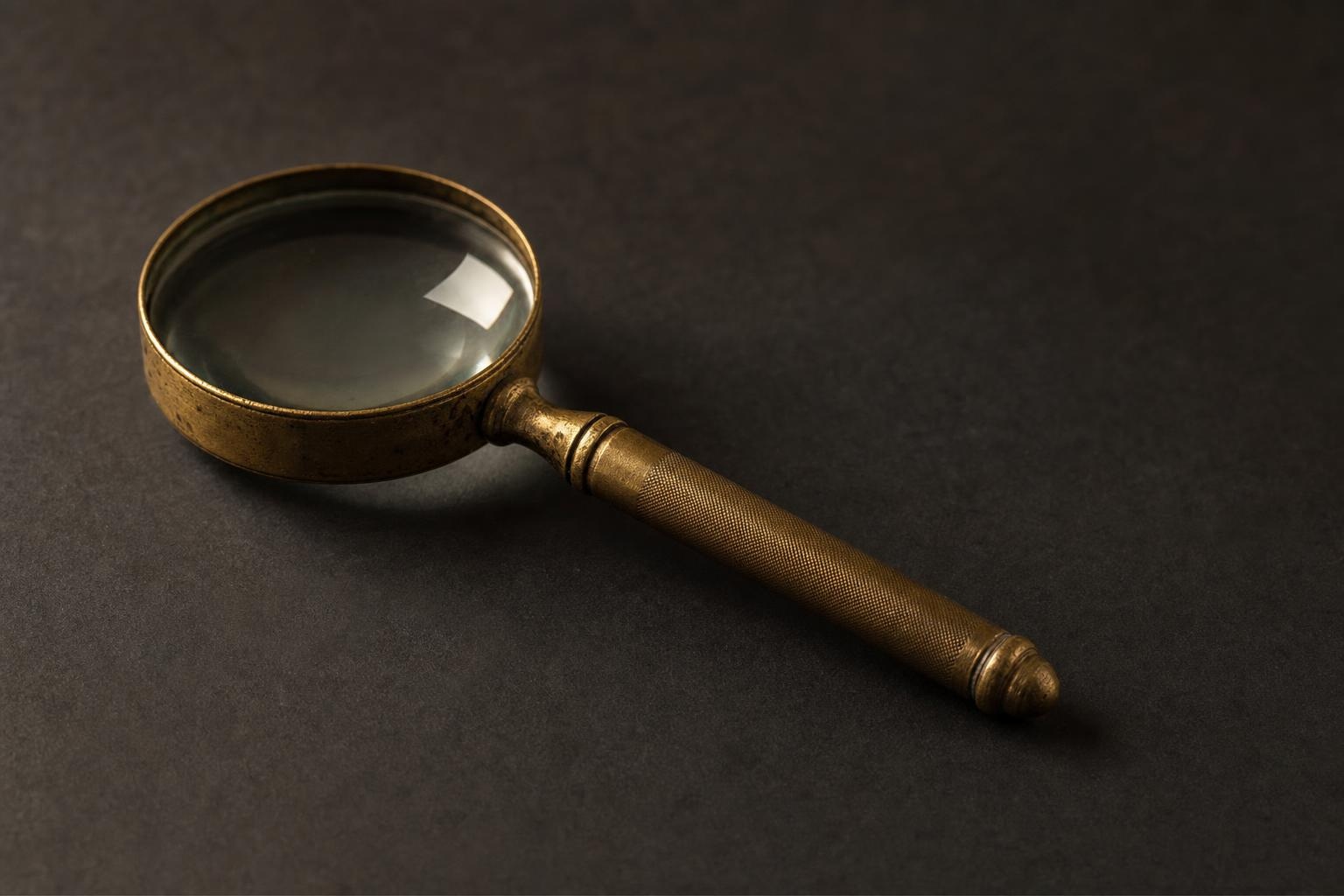 A single brass magnifying glass resting under warm light against a dark background
