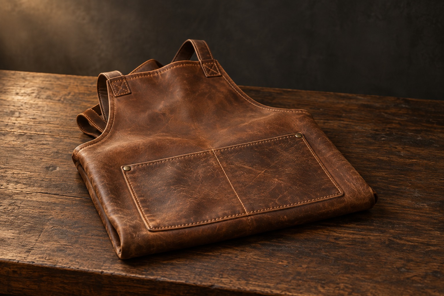 A sturdy leather work apron folded on a wooden bench under warm light