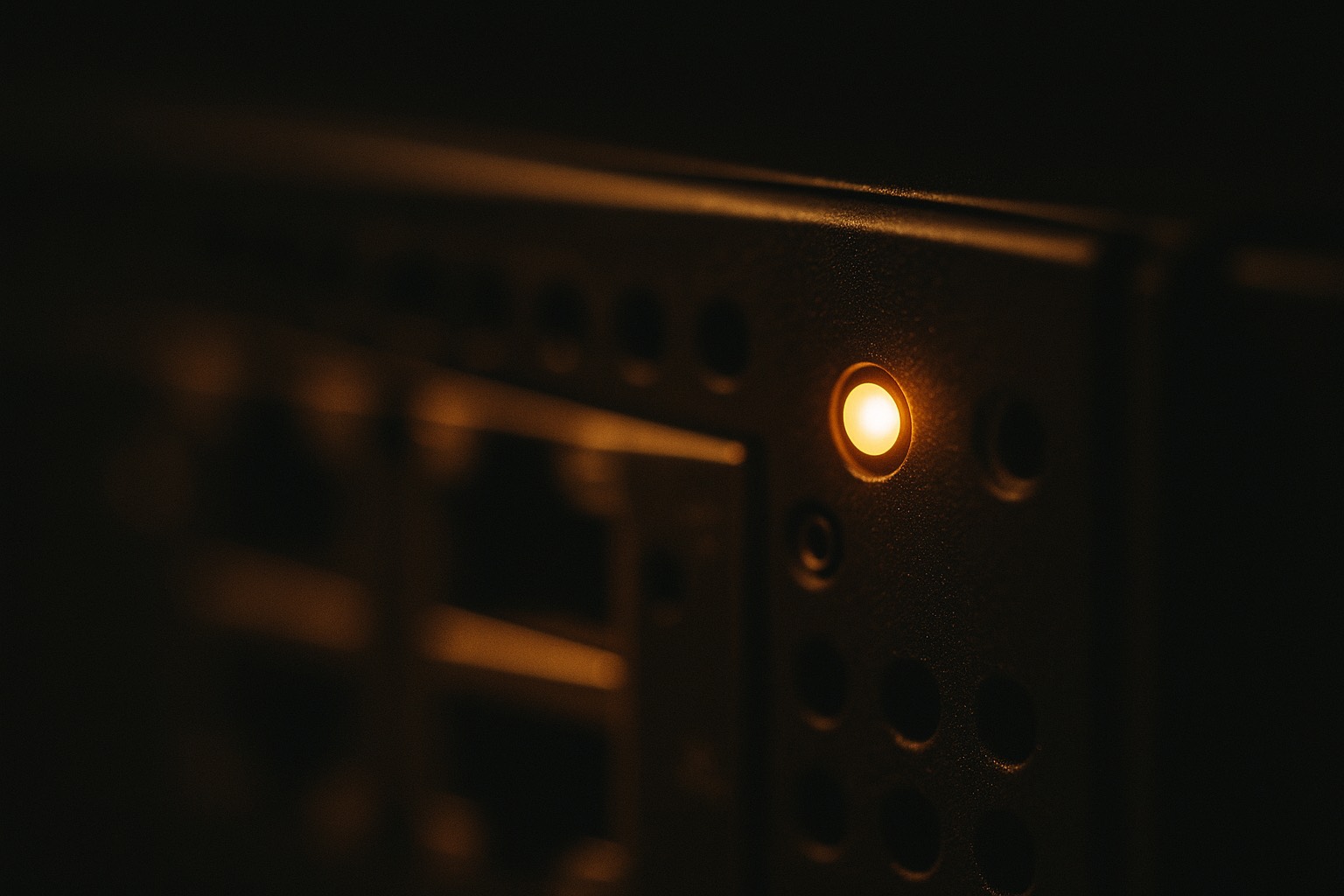 A glowing status light on a small home server, the ports blurred behind it.