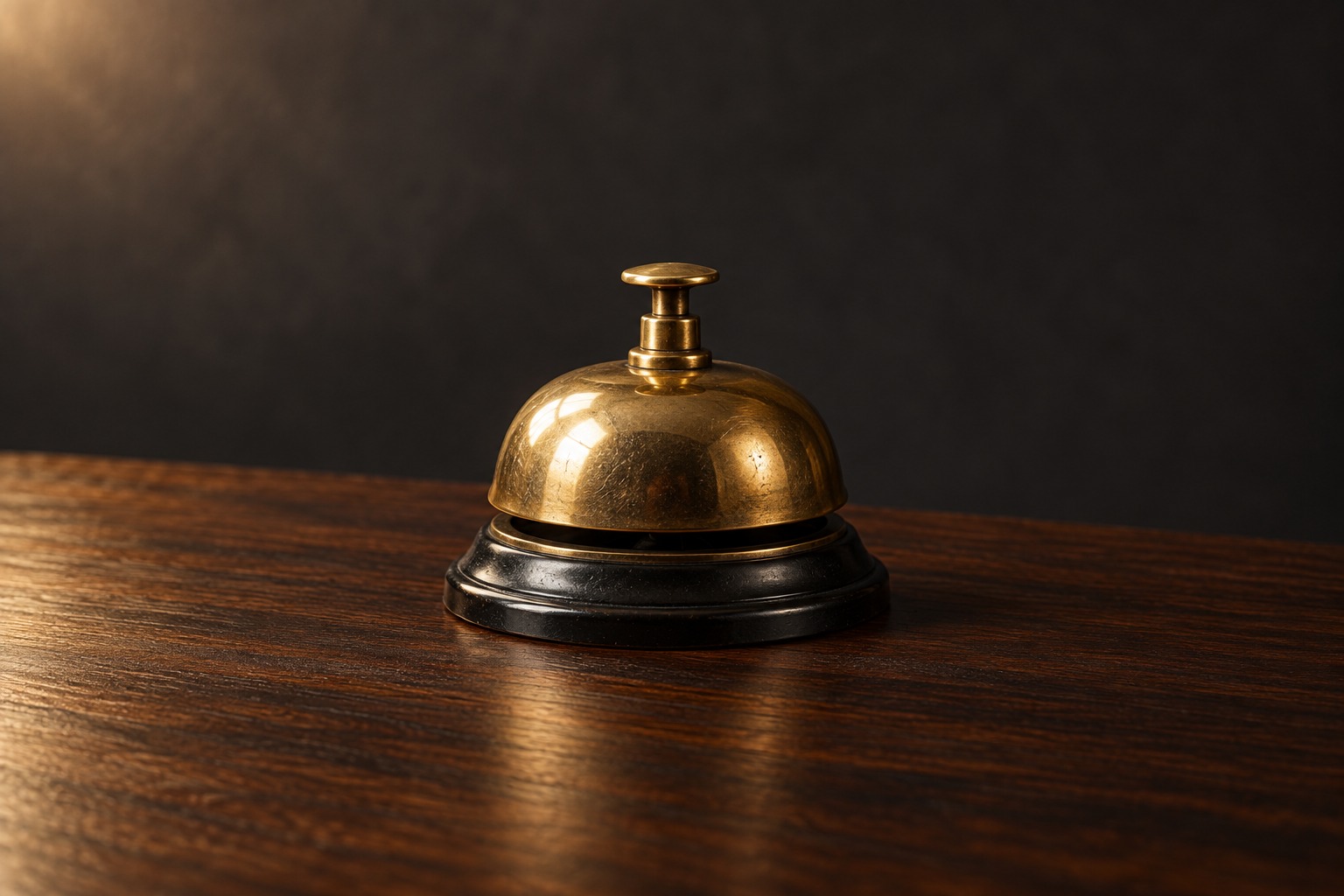 A small brass hotel service bell under warm light on a dark wooden counter