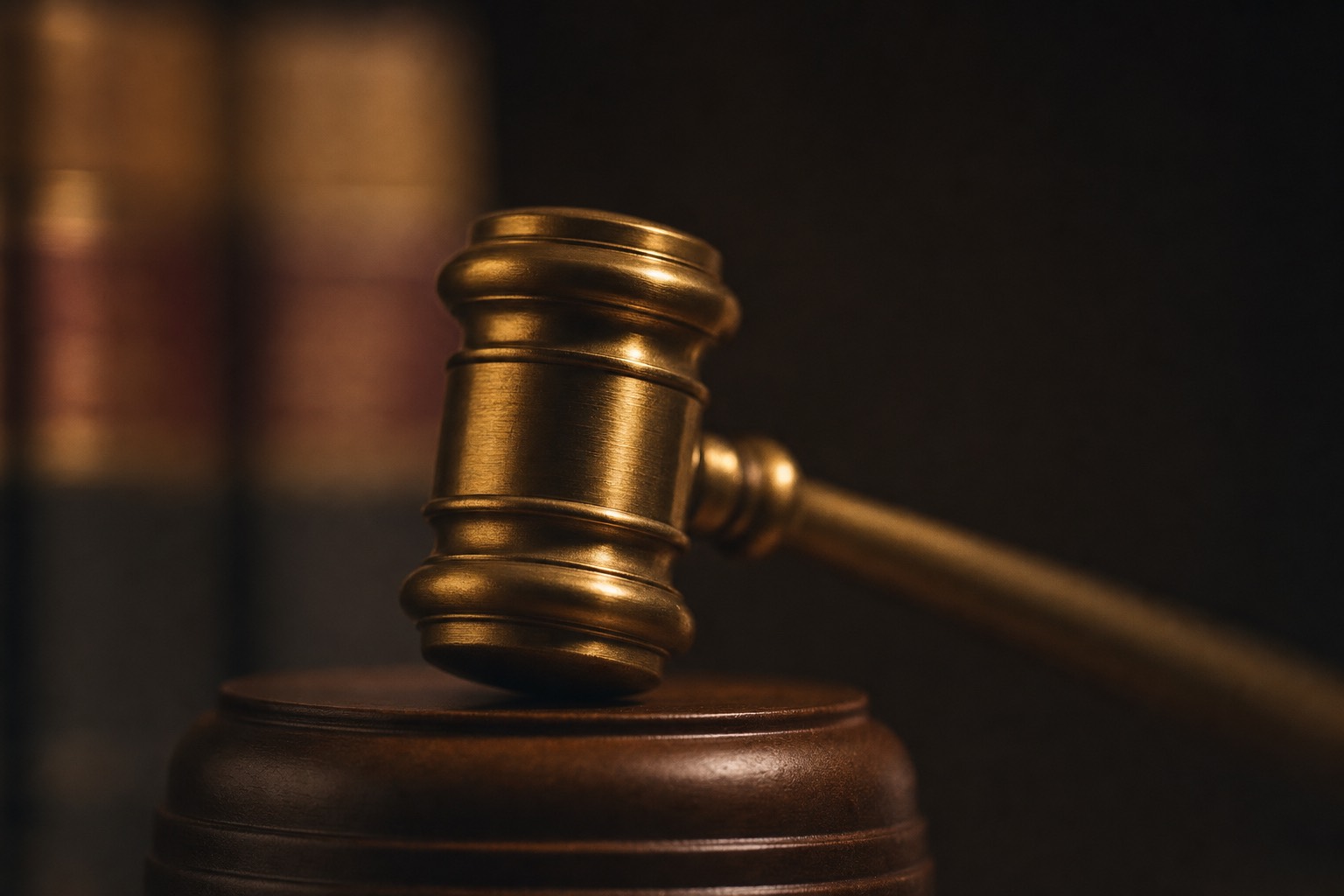 A solid brass courtroom gavel resting on its round wooden sound block, glowing warm against a dark background.
