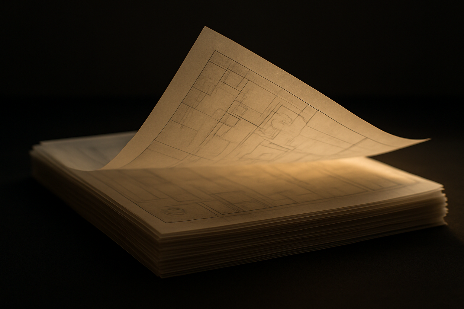 A stack of translucent architectural site plans on a light table with one sheet lifted clear, the physical answer to a large GeoJSON payload.