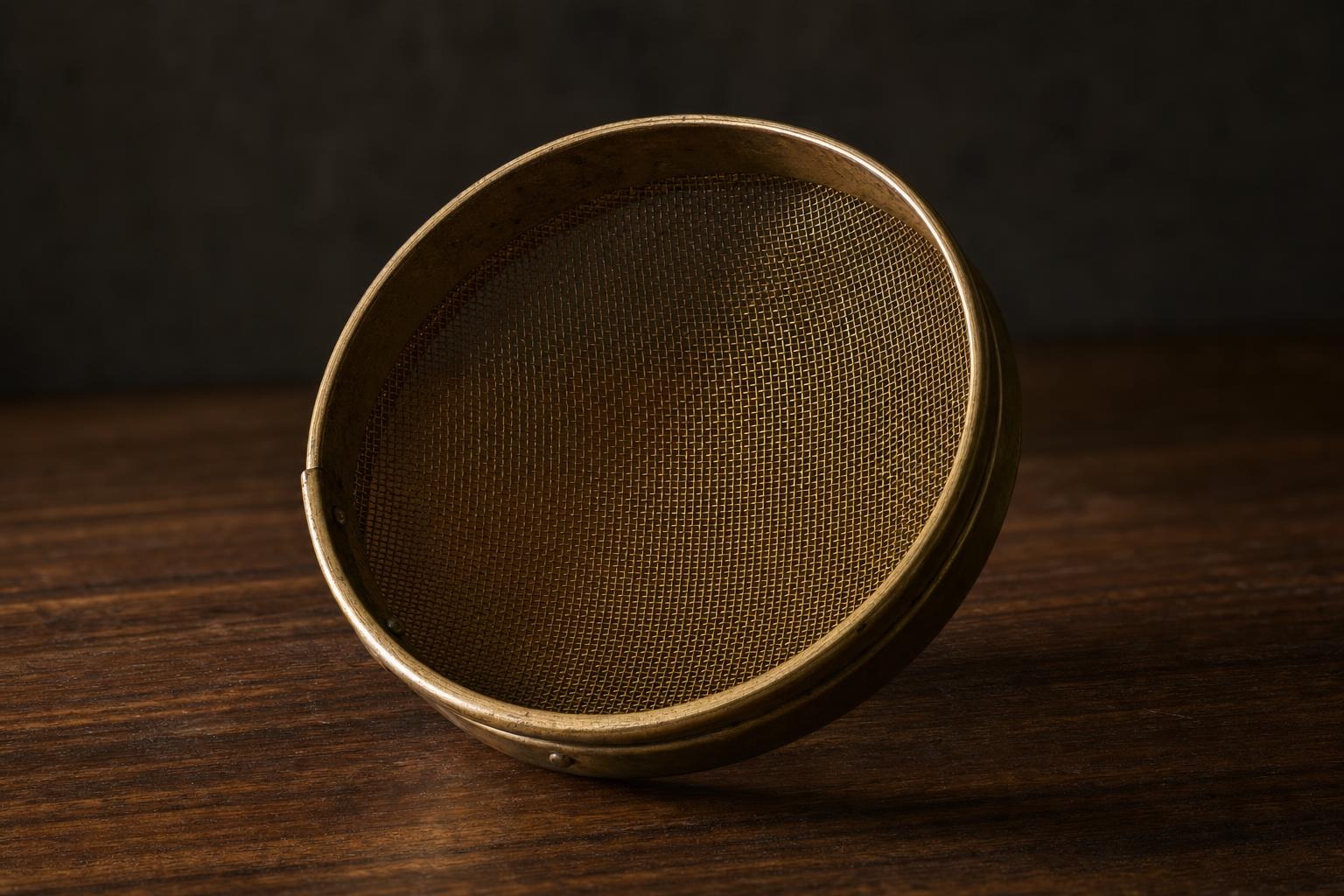 Leaky context mitigation represented by a fine brass sieve resting on a dark wooden table