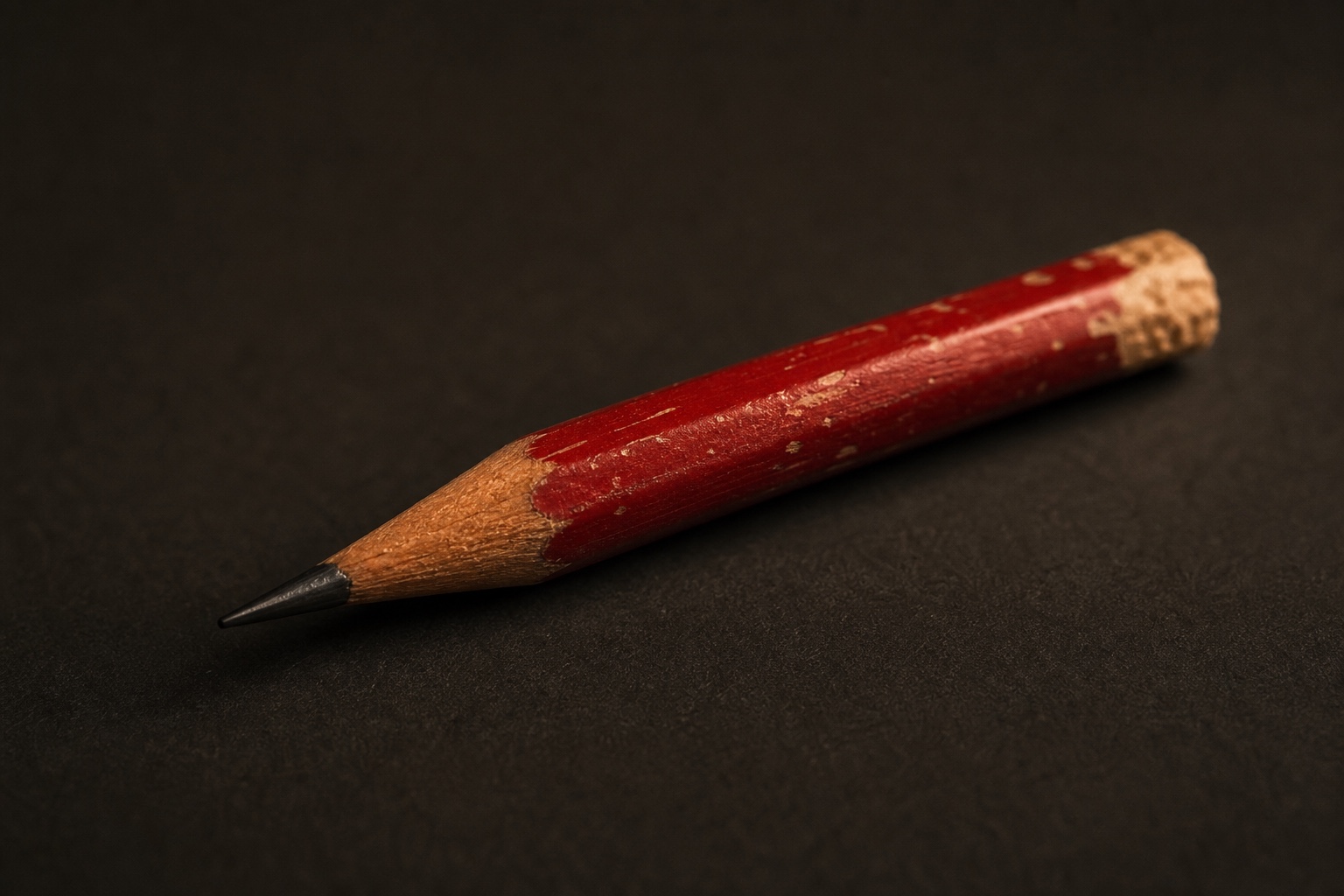 A single worn red pencil with a sharpened graphite tip resting on a dark surface, an image of the edit that makes AI writing sound human.