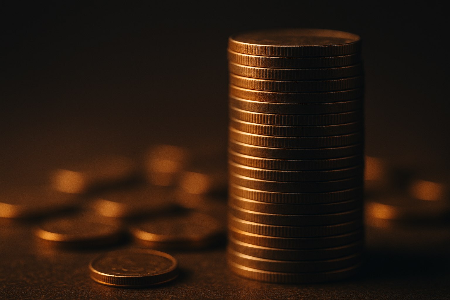 A tall stack of coins lit by warm light, more coins blurred behind.