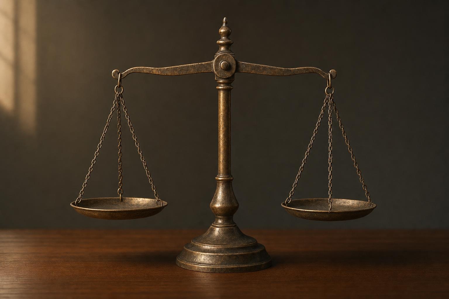 n8n vs Zapier vs Make cost represented by a cast-bronze balance scale on a dark wooden table