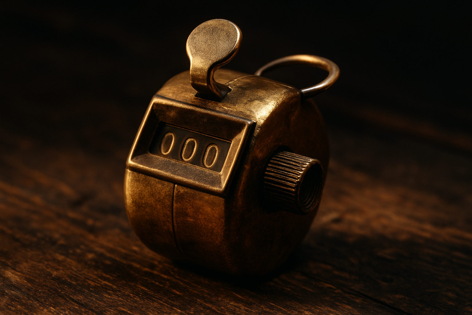 A worn brass mechanical hand tally counter resting on dark wood, the physical model for an offline mode queue that records without a network.