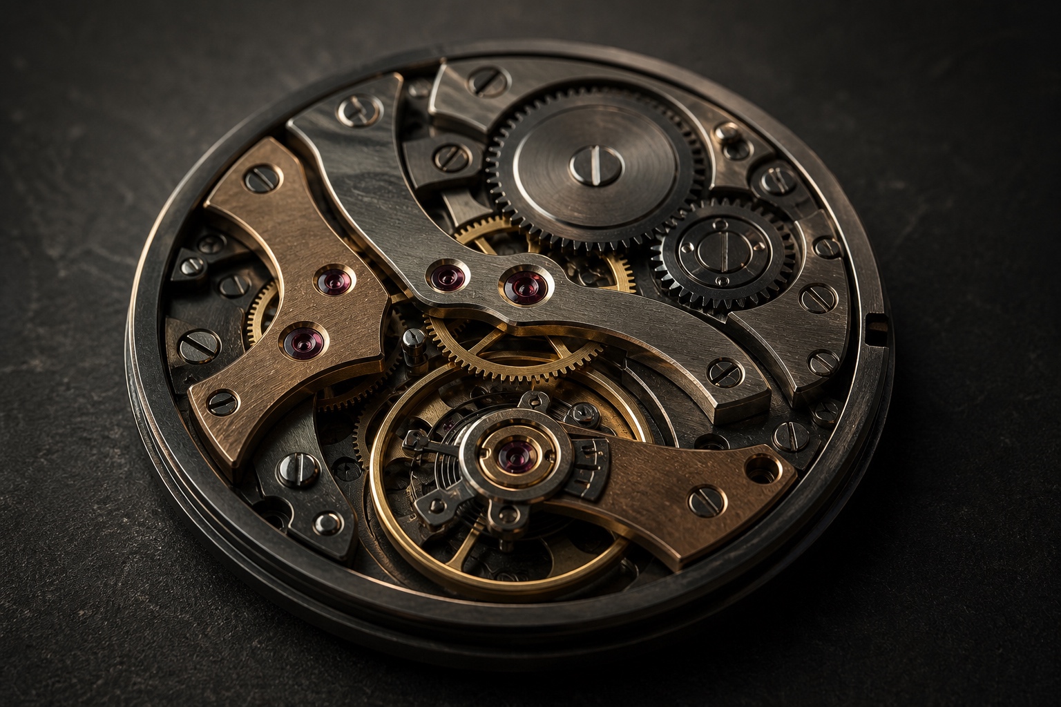 Operations software design represented by a compact mechanical watch movement arranged as an ordered system of gears and bridges.