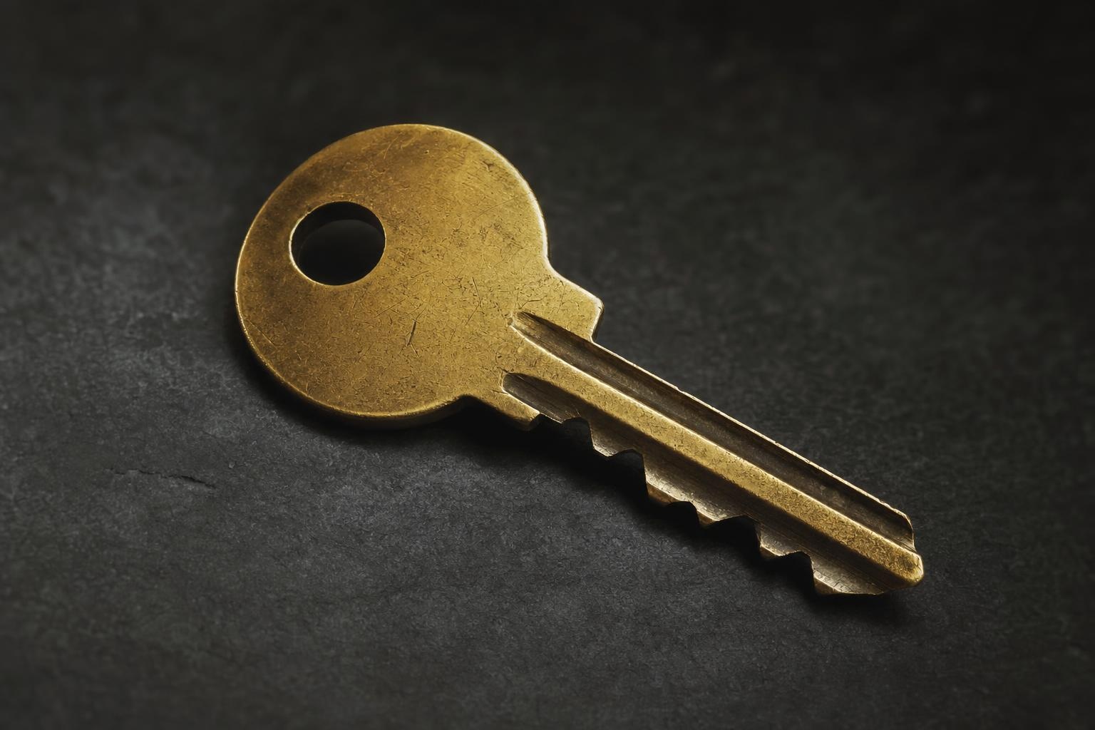 A single worn brass spare key resting under warm light against a dark background