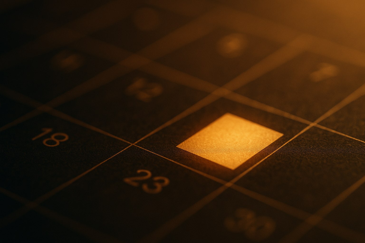 One cell glowing on a dark calendar grid, the other dates dim around it.