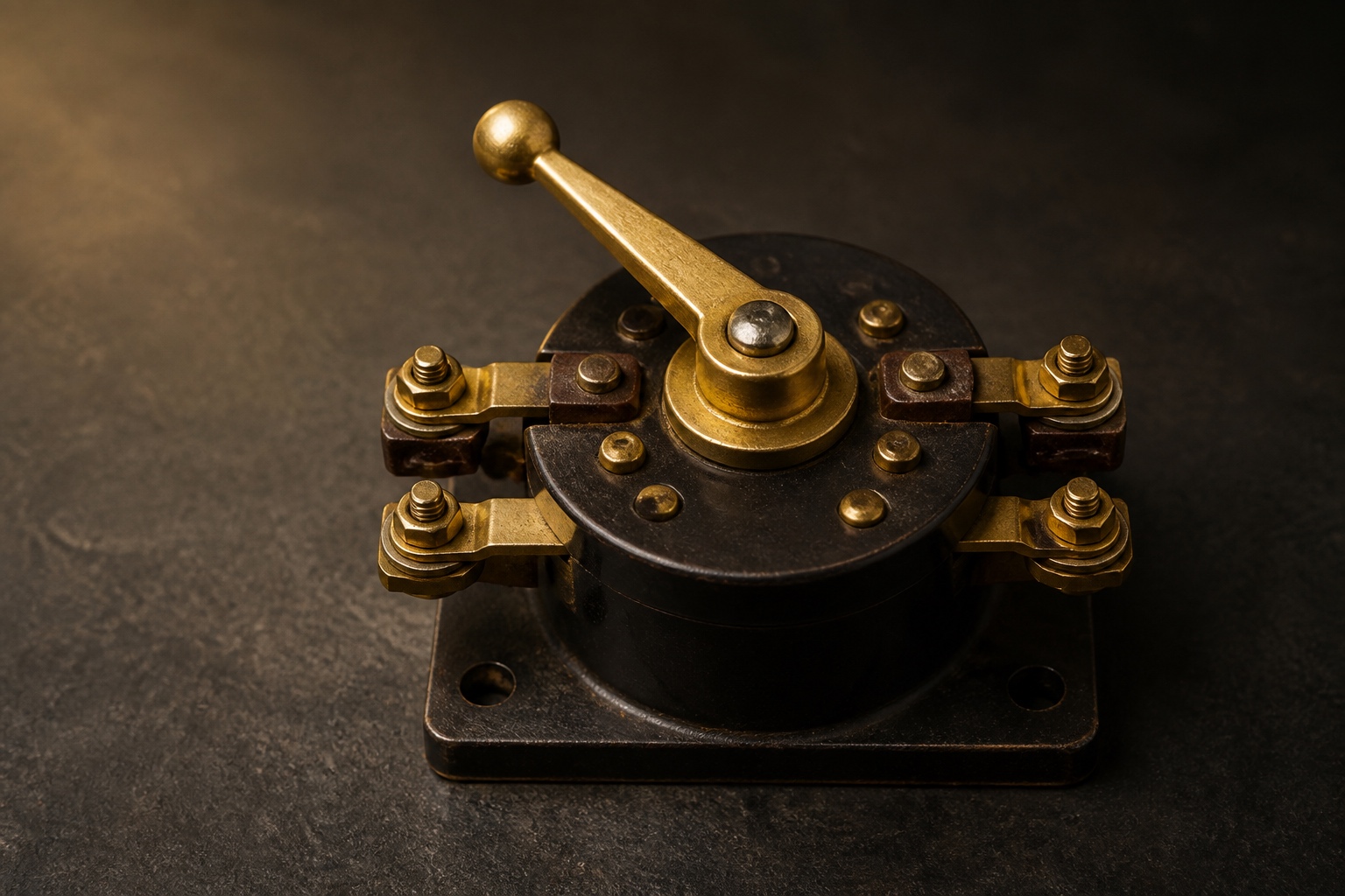 A black industrial rotary switch mounted on a worn steel panel beneath a warm work light