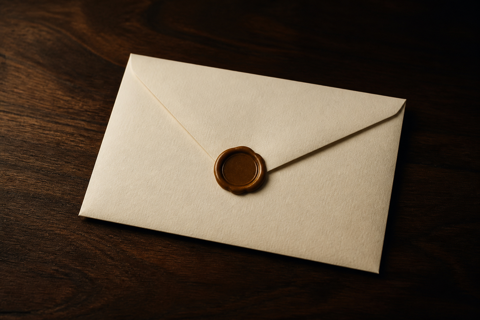 A single sealed cream envelope with a plain amber wax seal resting on a dark walnut desk