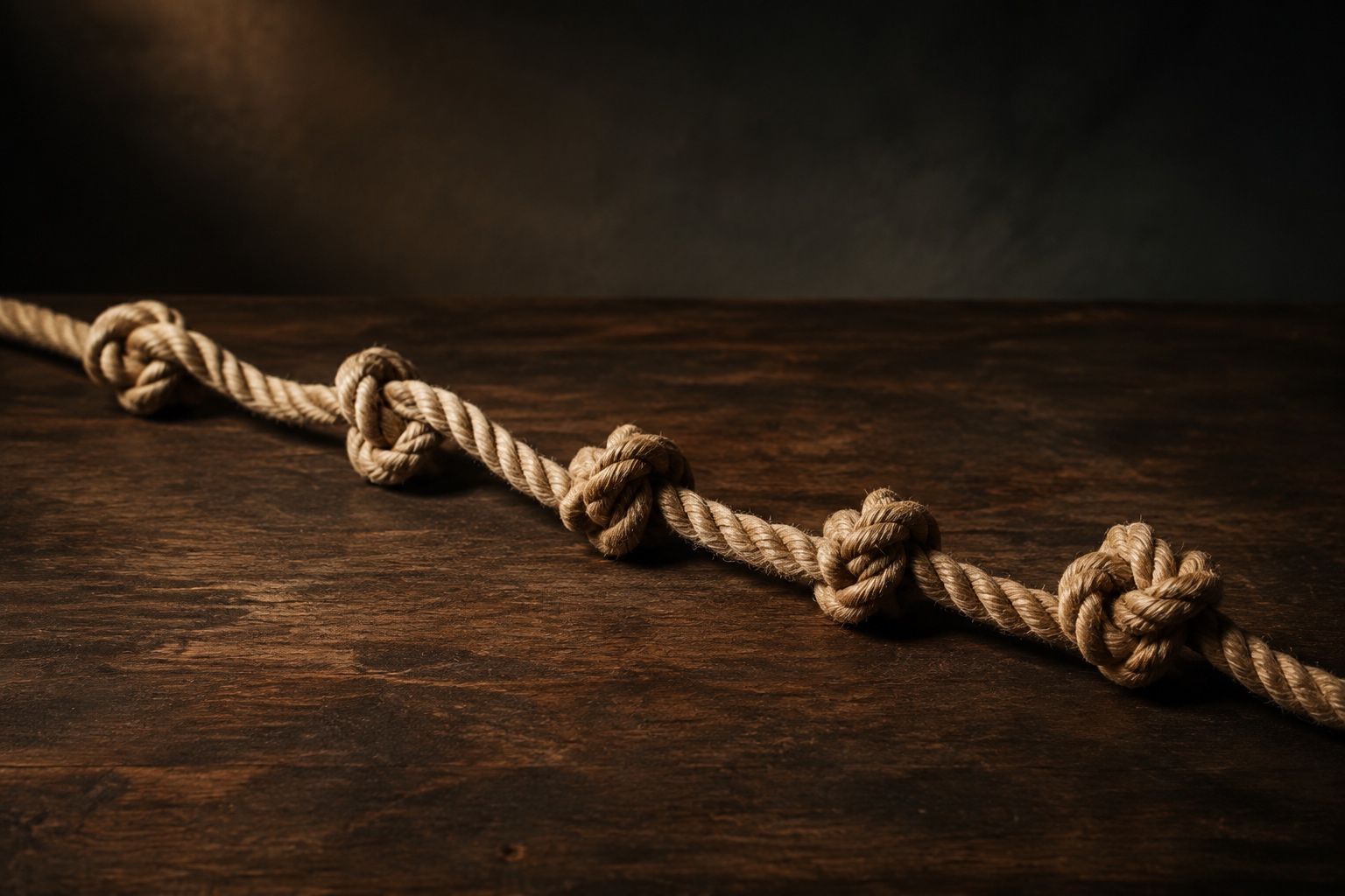 A natural rope tied with five distinct knots across a dark wooden workbench
