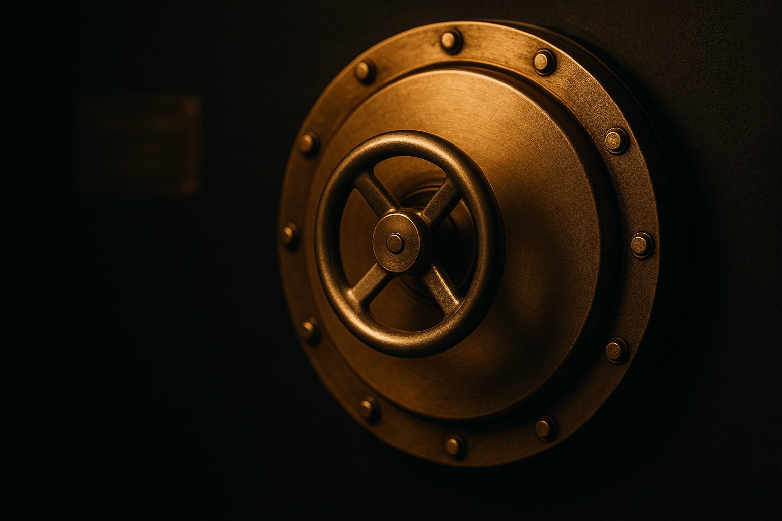 A sealed steel bulkhead hatch with a heavy machined locking wheel, lit warm against a dark background, an image of contained and isolated access.