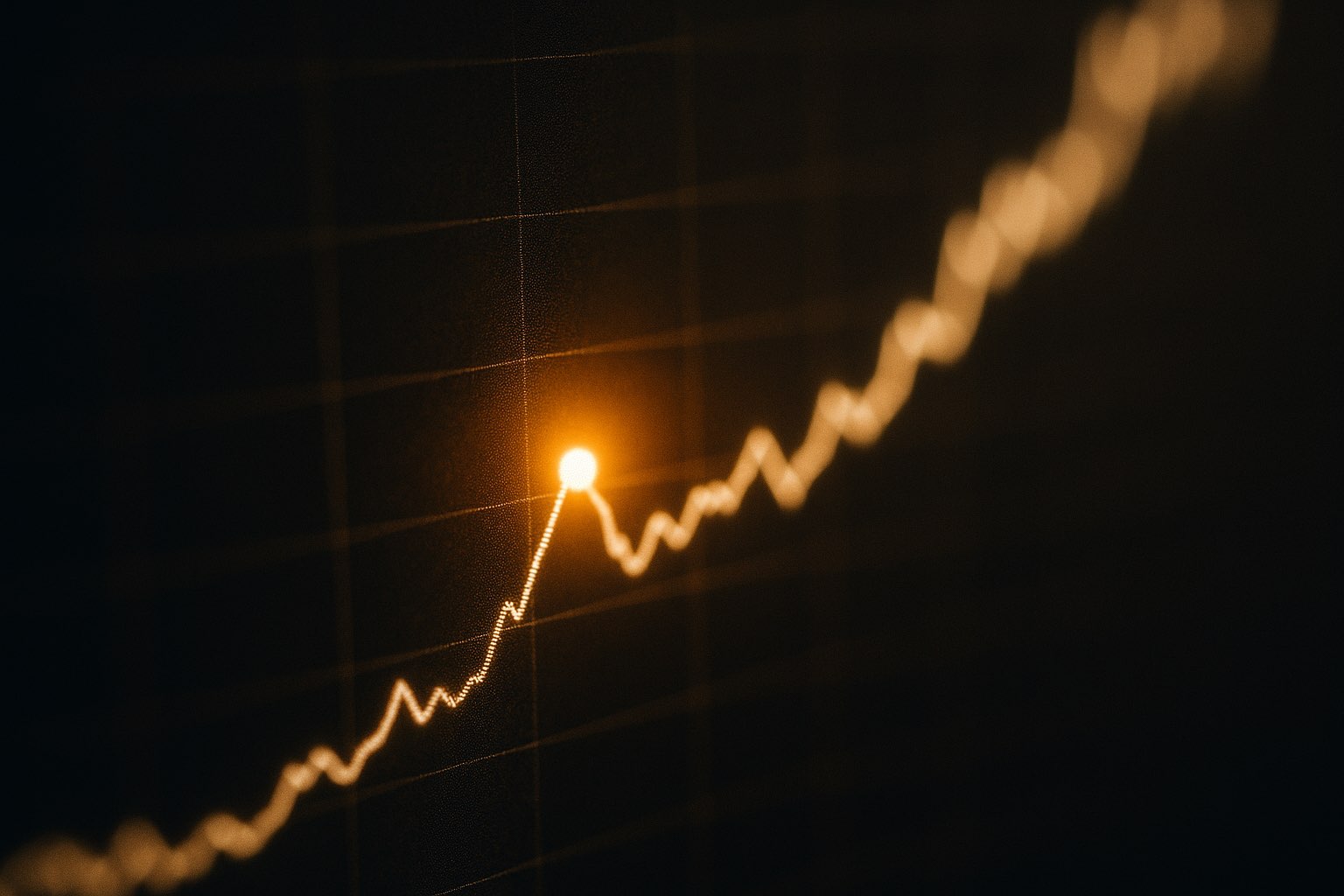 A bright point glowing at the peak of a rising line chart on a dark screen.