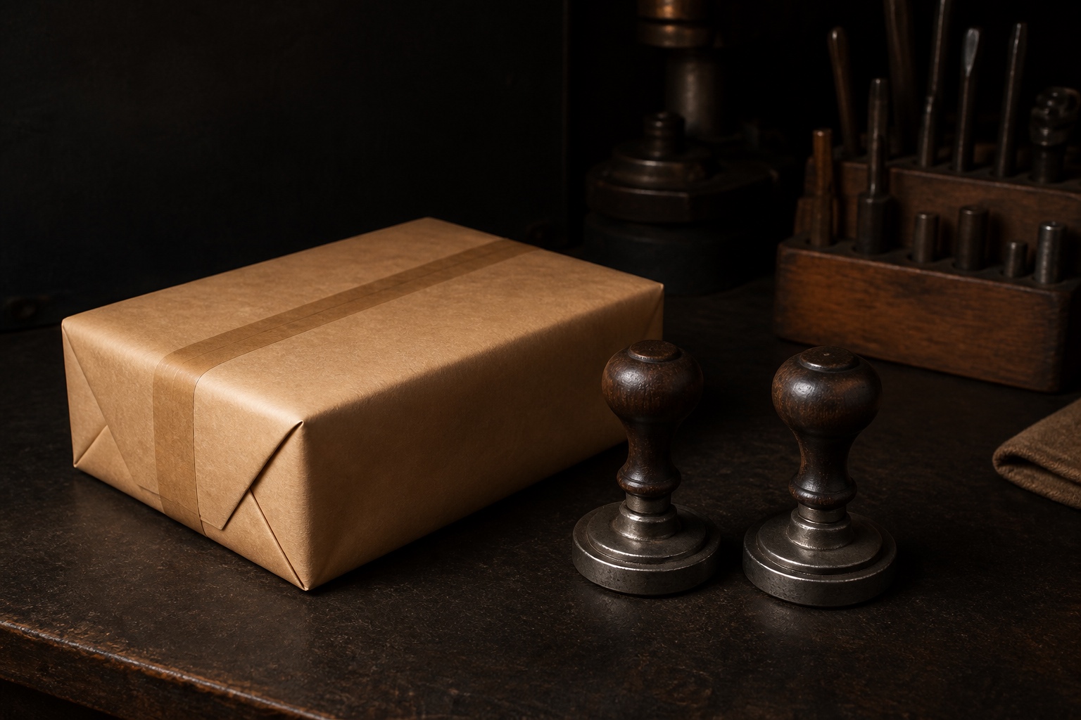 Reduce GitHub Actions minutes represented by a sealed parcel beside two identical metal inspection stamps in a restrained workshop still life.