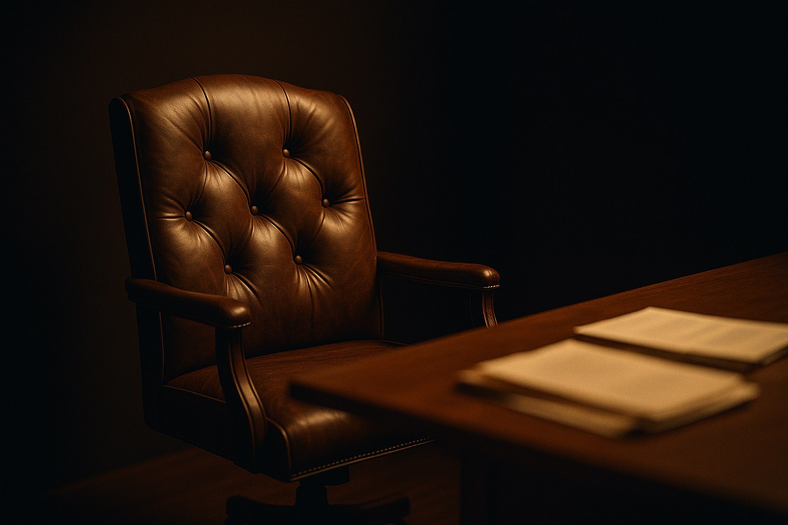 An empty leather chair at a desk under a single warm light, waiting for a meeting that has not started.