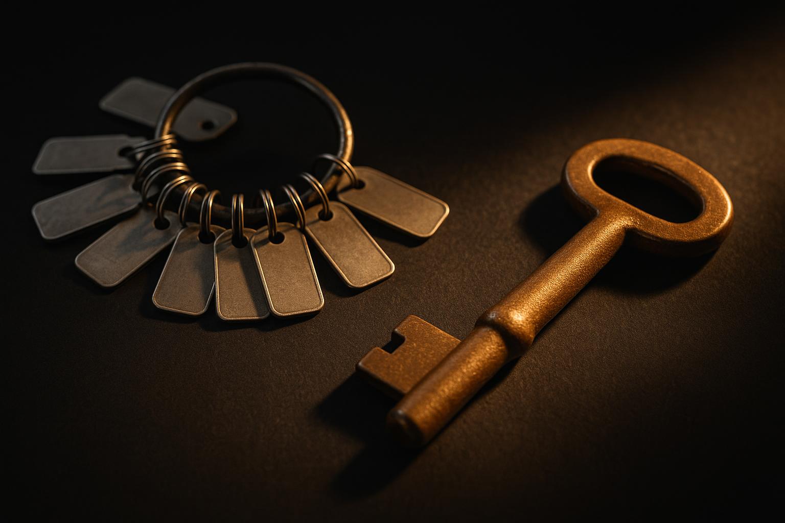 A ring crowded with a dozen small blank metal tags on a dark surface, beside one heavy cast bronze key in warm light, the owned key larger and solid.