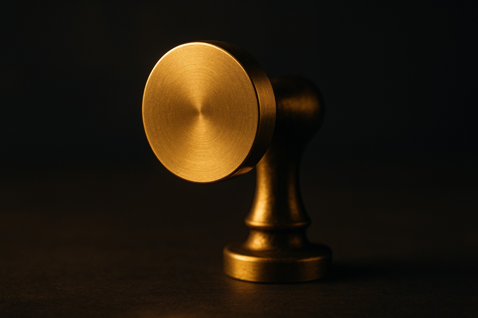 A solid brass wax-seal signet stamp standing upright, glowing warm against a dark background, an image of a sender proving its identity.