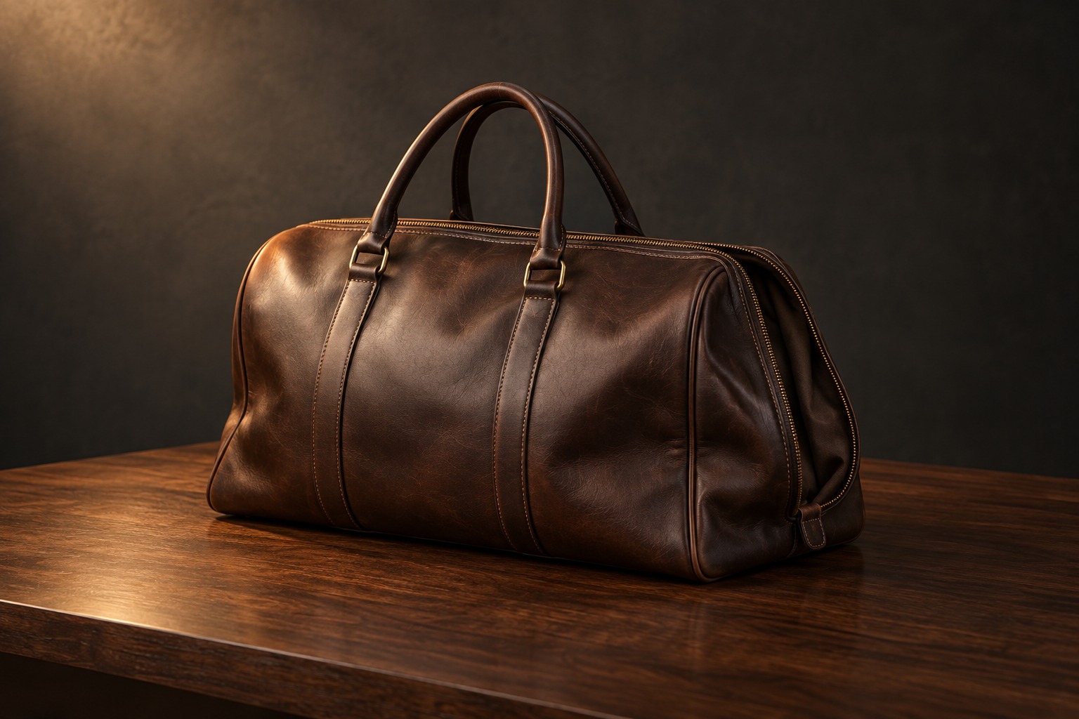 A small dark-brown leather overnight bag on a wooden table under warm light