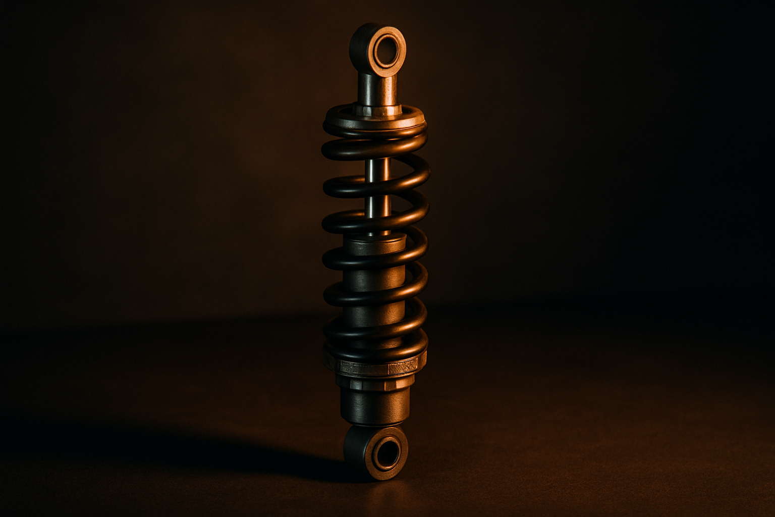 A machined steel coil-over shock absorber standing upright against a dark background, the mechanical answer to dropped webhooks during a burst.