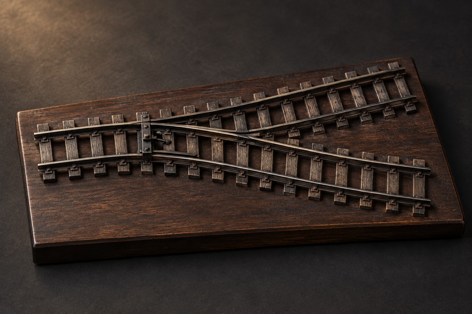 A small model railway track switch resting on a dark surface under warm light