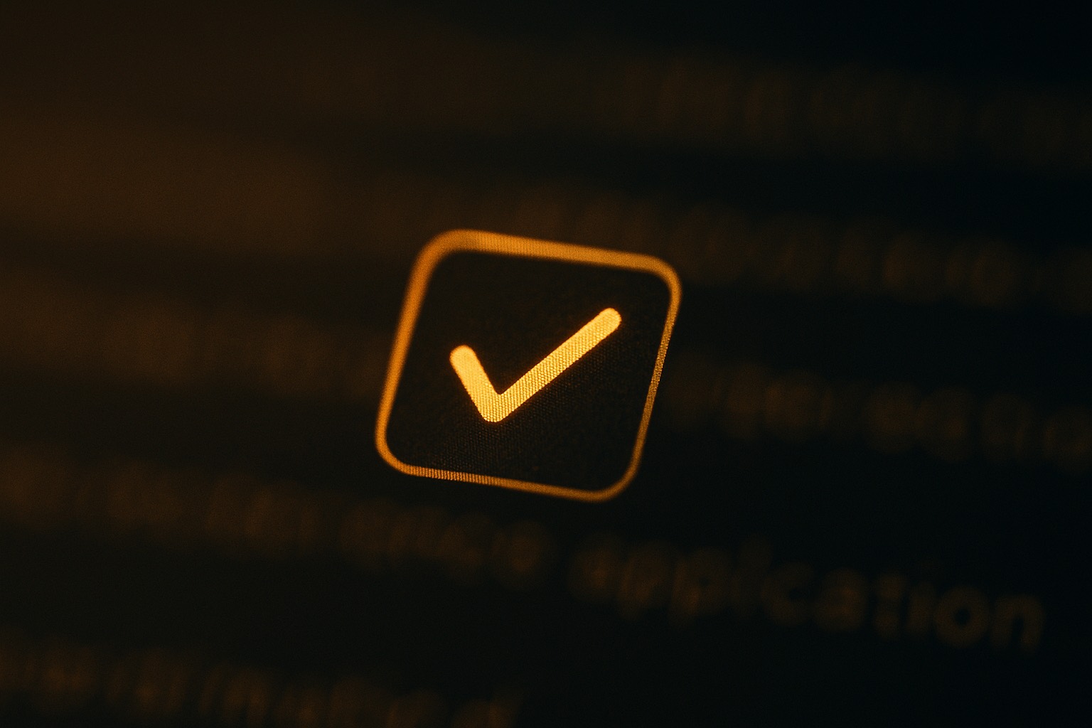 A glowing checkmark on a dark screen, with blurred lines of text behind it.